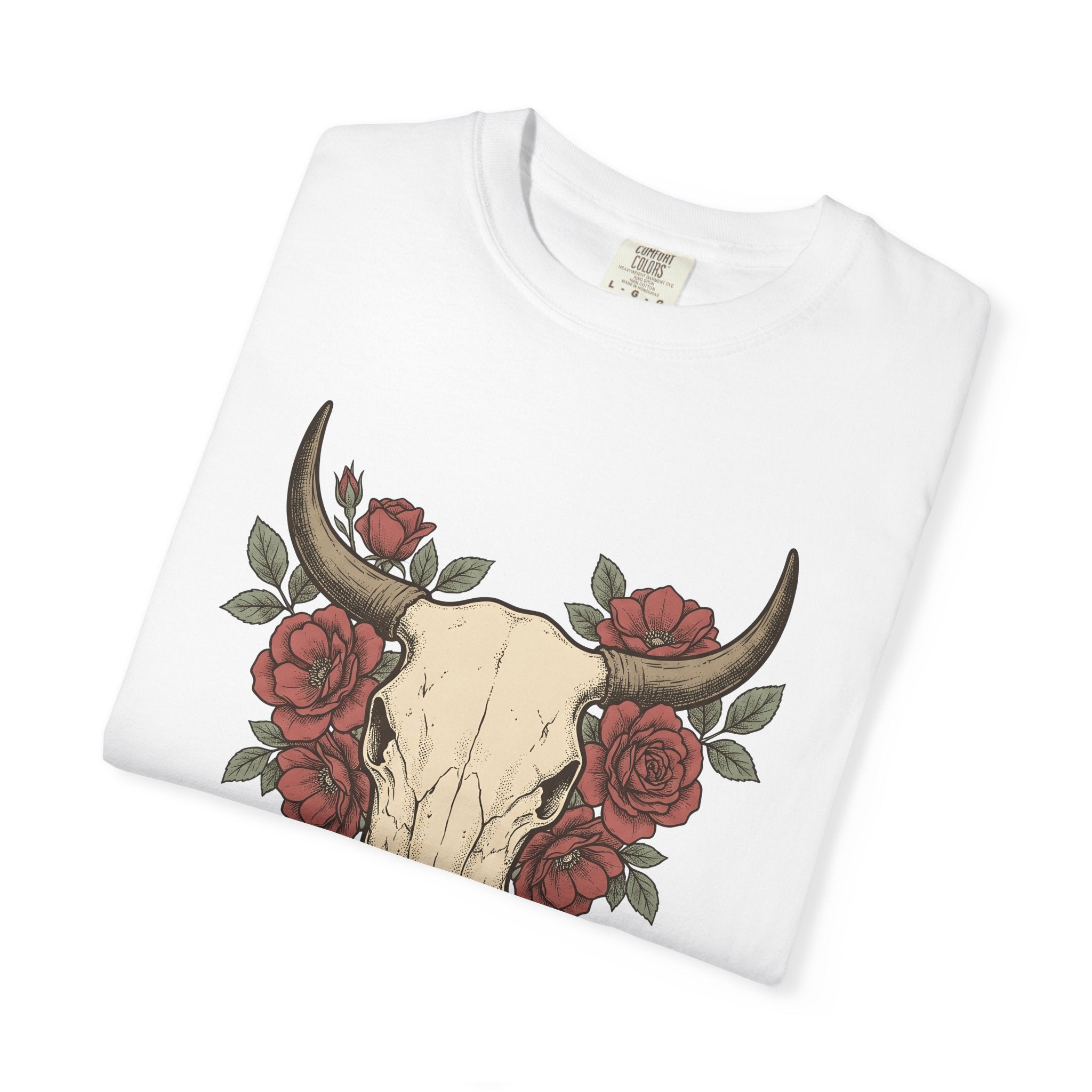 Steer Skull Shirt Cowgirl Cowboy Gift Women Ink Tee Bull Skull T-Shirt Rodeo Fan Tattoo Tshirt Cowboy Graphic Retro Flower Tshirt