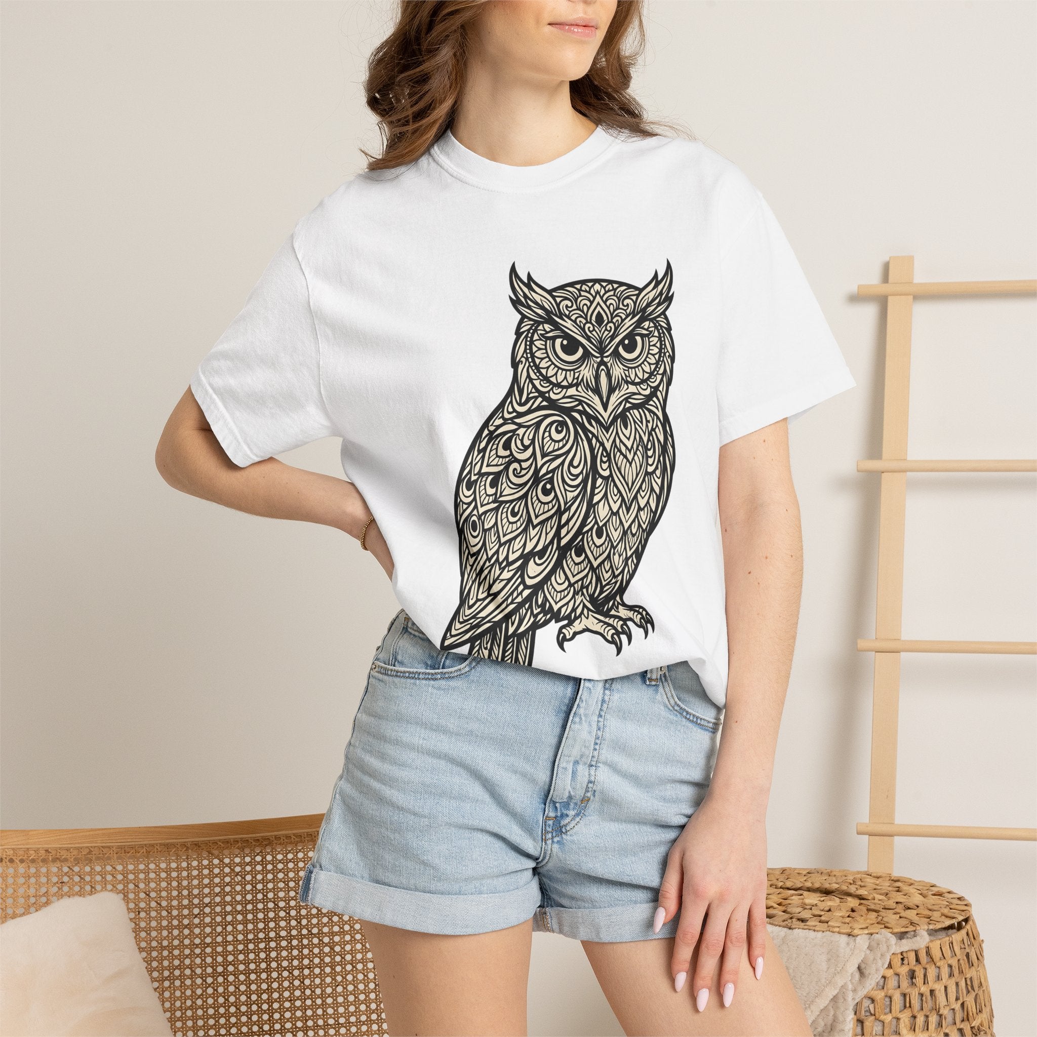 Owl Design Shirt Animals Wildlife Gift Women Bohemian Tee Owl T-Shirt Creature Fan Wildlife Graphic Tshirt Sketch Lace Pattern Tshirt