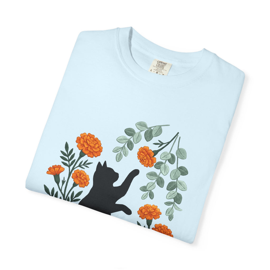 Black Puss Shirt Cat Greenery Gift Women Needlework Tee Cat T-Shirt Cat Fan Embroidery Tshirt Foliage Graphic Plant Orange Petals Tshirt