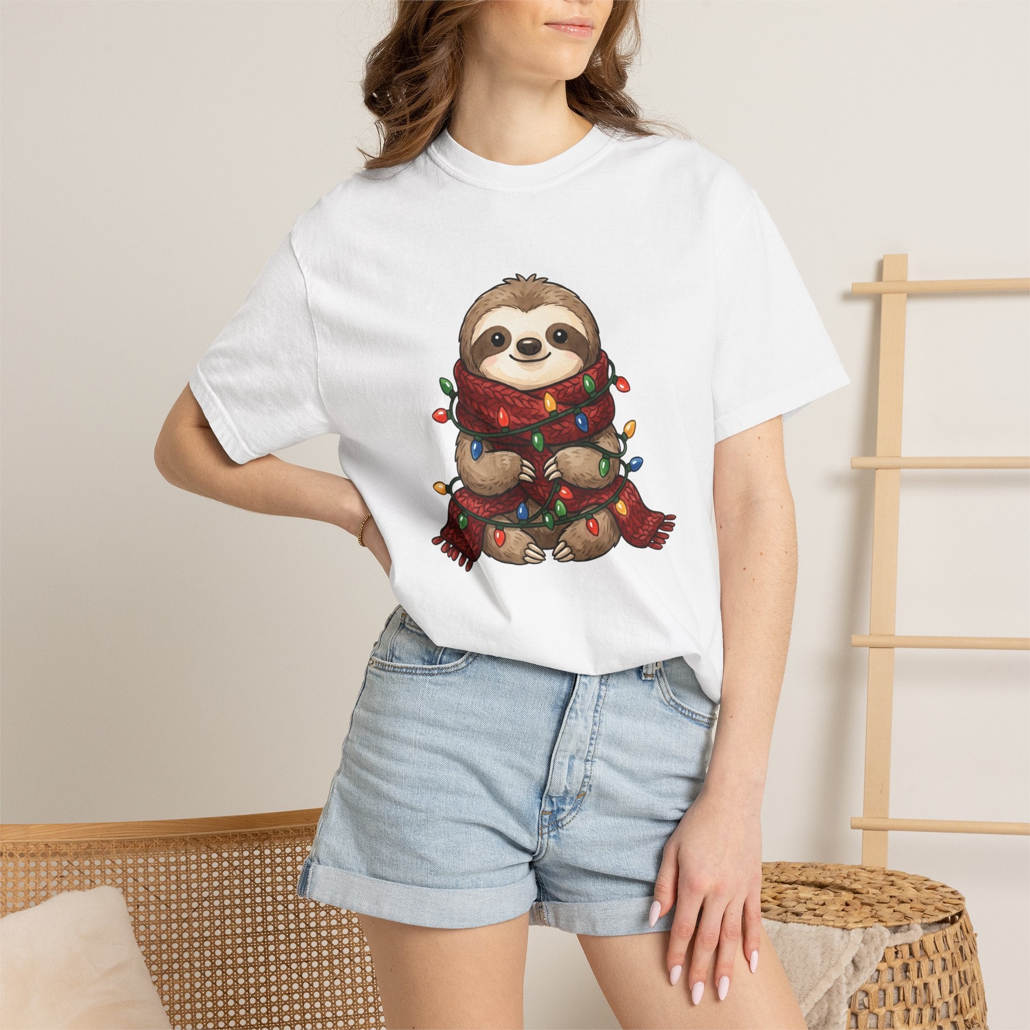 Sloth Shirt Christmas Wildlife Gift Women Adorable Tee Sloths T-Shirt Xmas Fan Cute Tshirt Animal Graphic Sketch Fairy Lights Tshirt