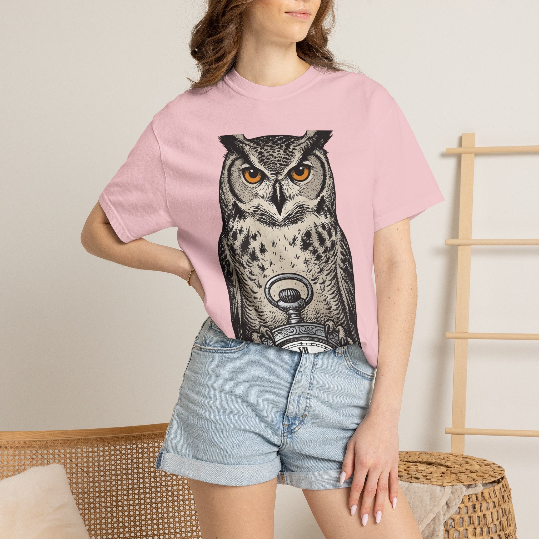 Owl Pocket Watch Shirt Owl Animal Gift Women Vintage Tee Pocket Watch T-Shirt Owl Enthusiast Antique Tshirt Wildlife Graphic Hand Drawn