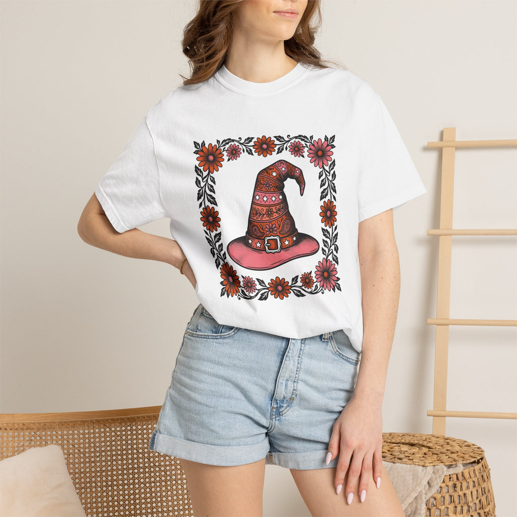 Magic Hat Shirt Halloween Bouquet Gift Women Line Art Tee Top Hat T-Shirt Spooky Fan Witch Hat Tshirt Floral Graphic Ink Drawing Petal