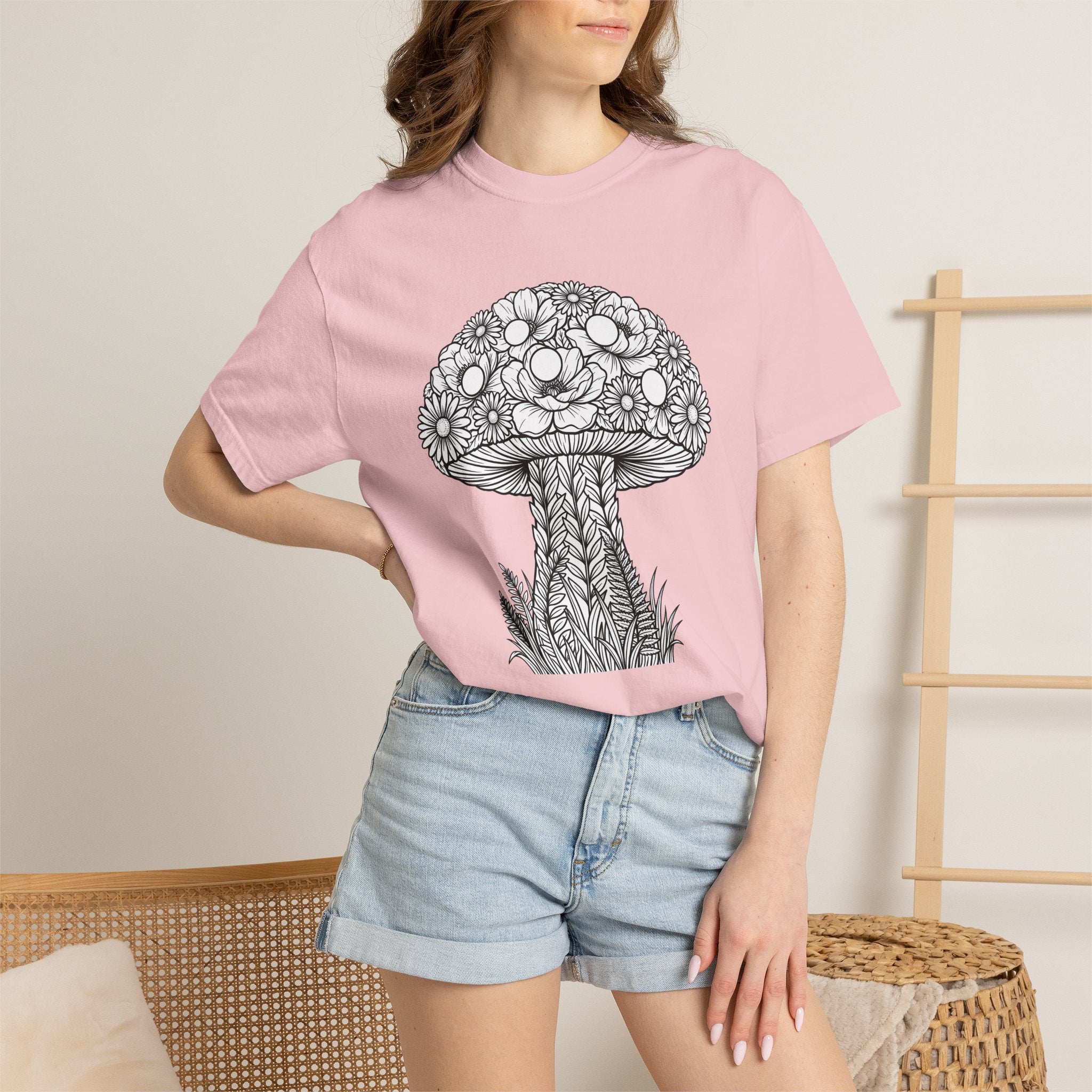 Fungus Flower Shirt Valentine's Day Outdoors Gift Women Rustic Tee Mushroom T-Shirt Valentine Fan Vintage Tshirt Wilderness Graphic Sketch