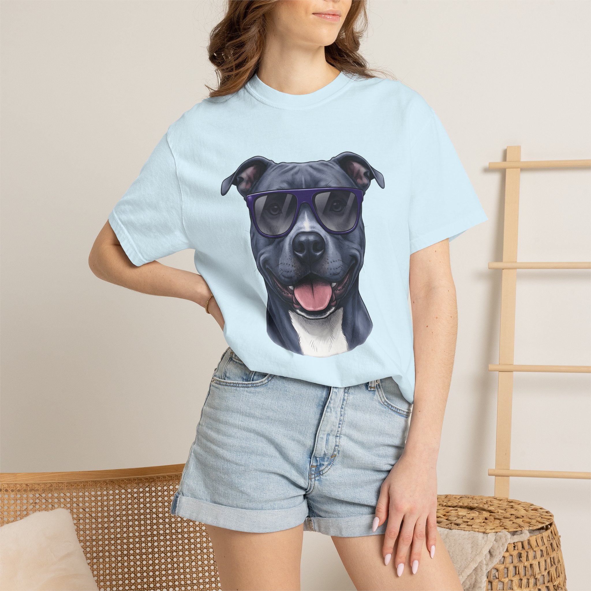Pitbull Sunnies Shirt Dog Comedy Gift Women Detailed Tee Doggy Shades T-Shirt Dog Fan Realistic Tshirt Humor Graphic Old School Grin Tshirt