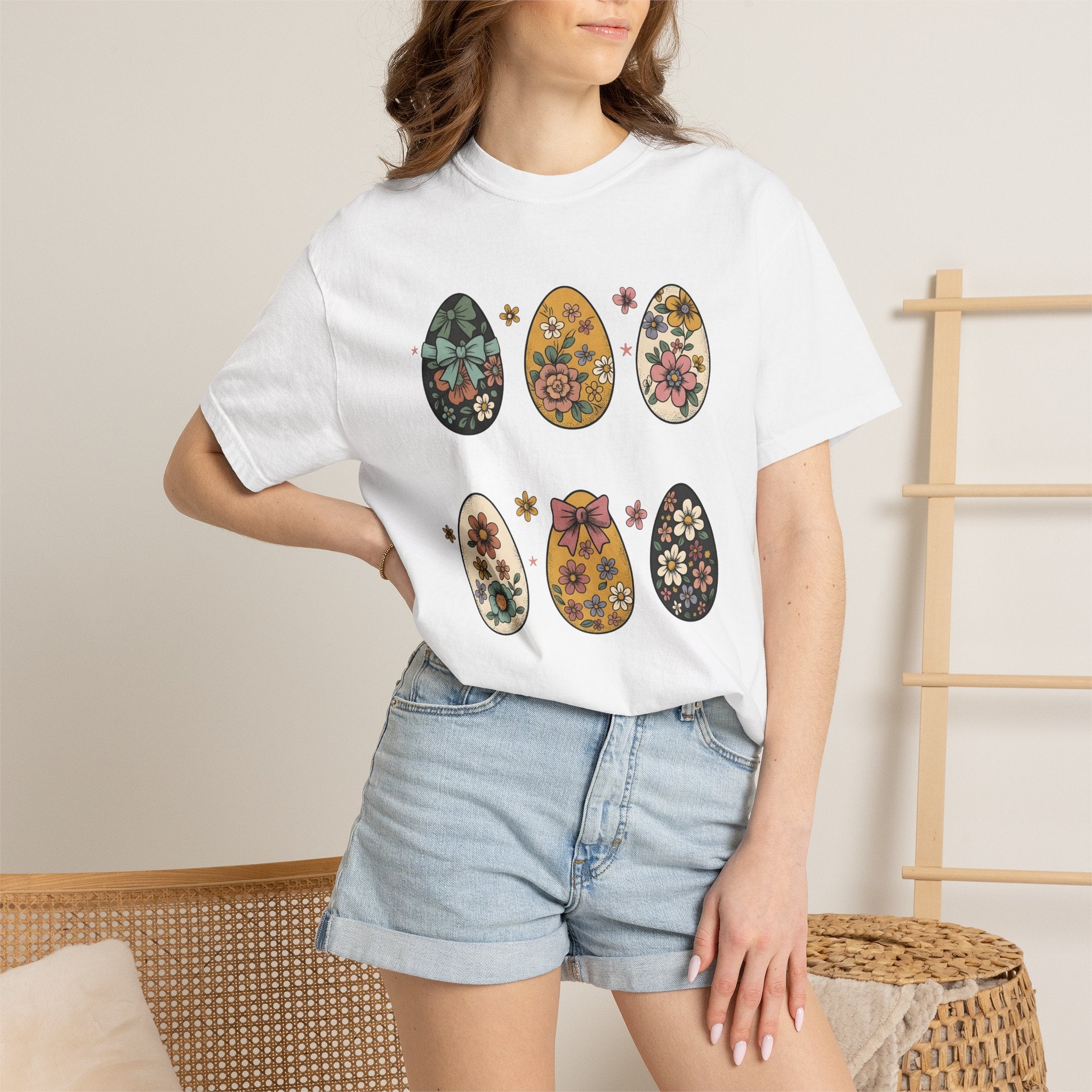 Flower Eggs Shirt Easter Garden Gift Women Hippie Tee Easter Egg T-Shirt Spring Fan Boho Tshirt Yard Graphic Retro Ribbon Tshirt