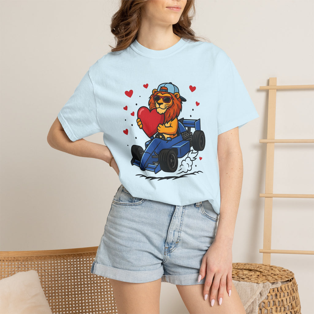 Lion Race Car Shirt St. Valentine's Day Animal Gift Women Cartoon Tee Lion T-Shirt Valentine Fan Funny Tshirt Creature Graphic Bold Heart
