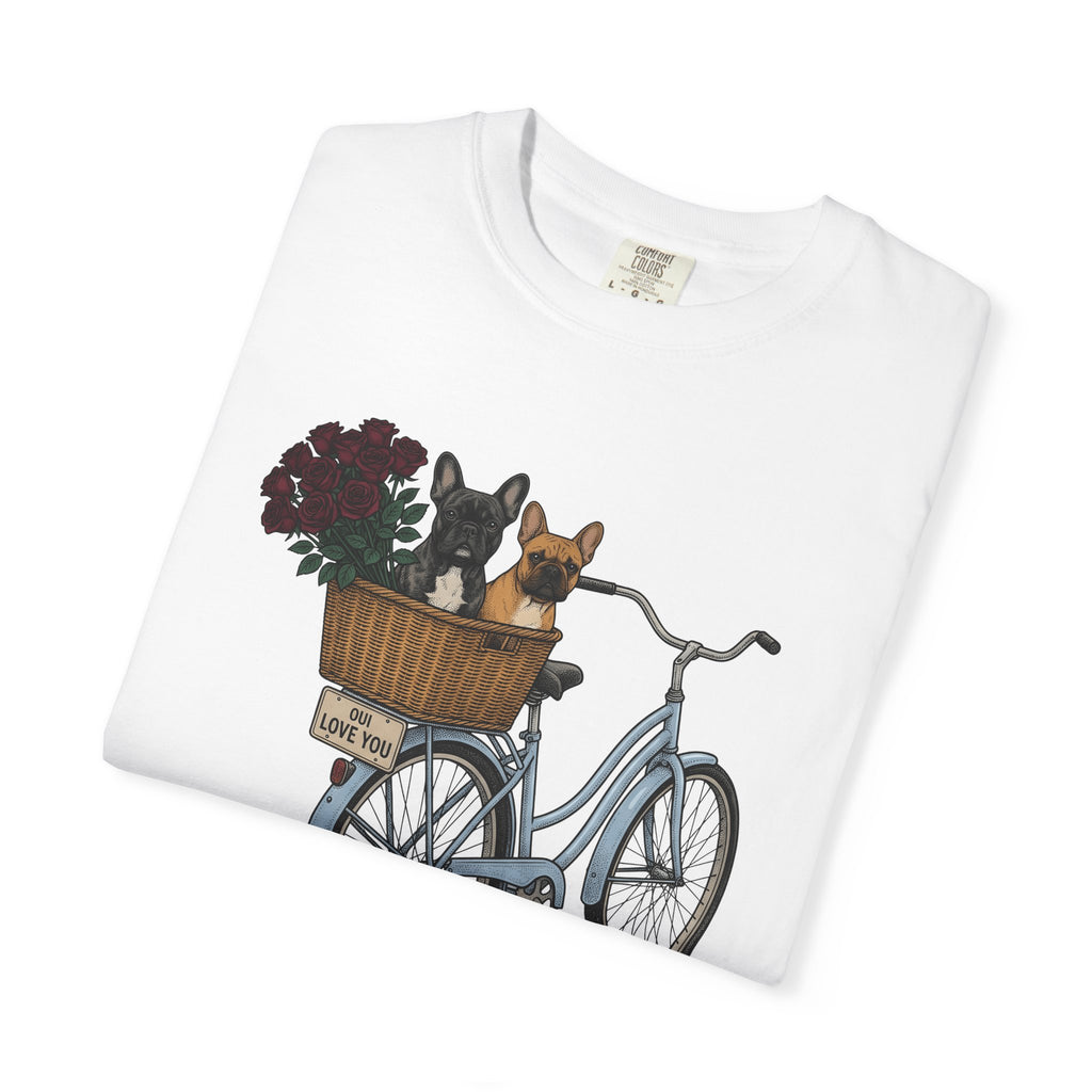 Frenchie Bike Shirt Valentines Day Puppy Gift Women Rustic Tee Bicycle T-Shirt Valentine Fan Rustic Tshirt Dog Graphic Line Art Garden Rose