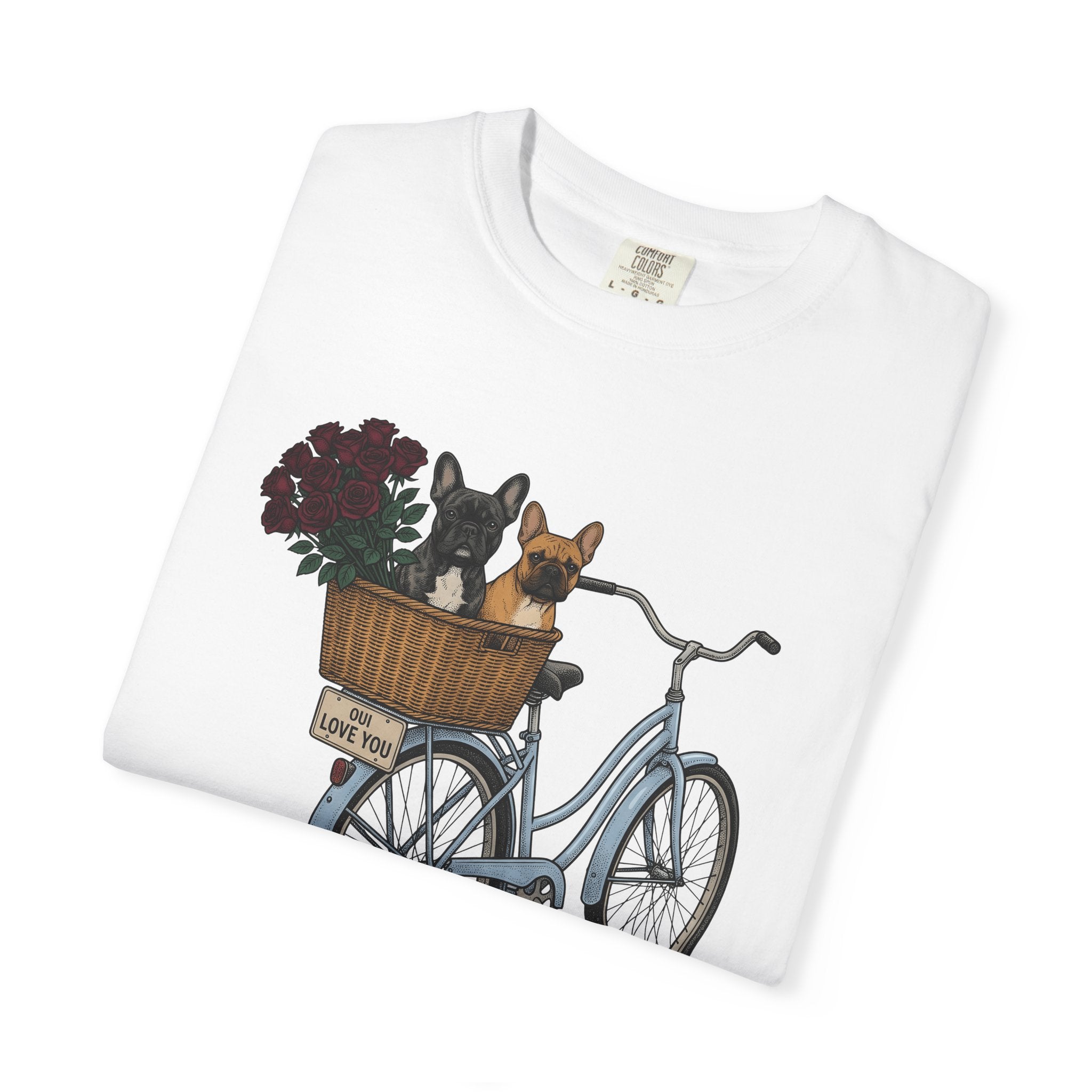 Frenchie Bike Shirt Valentines Day Puppy Gift Women Rustic Tee Bicycle T-Shirt Valentine Fan Rustic Tshirt Dog Graphic Line Art Garden Rose