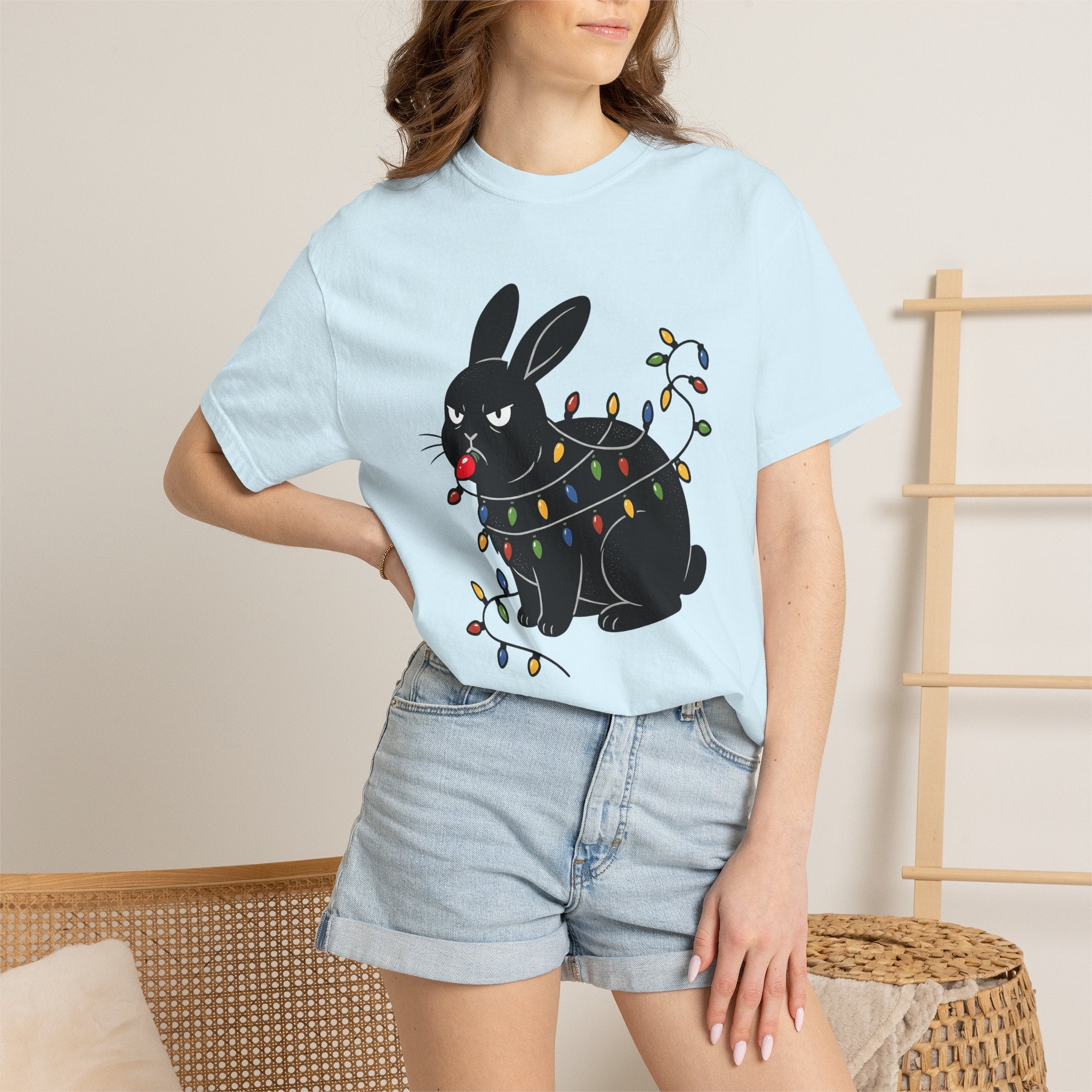 Black Rabbit Shirt Christmas Animal Gift Women Cartoon Tee Bunny T-Shirt Xmas Fan Comic Tshirt Creature Graphic Retro Christmas Lights