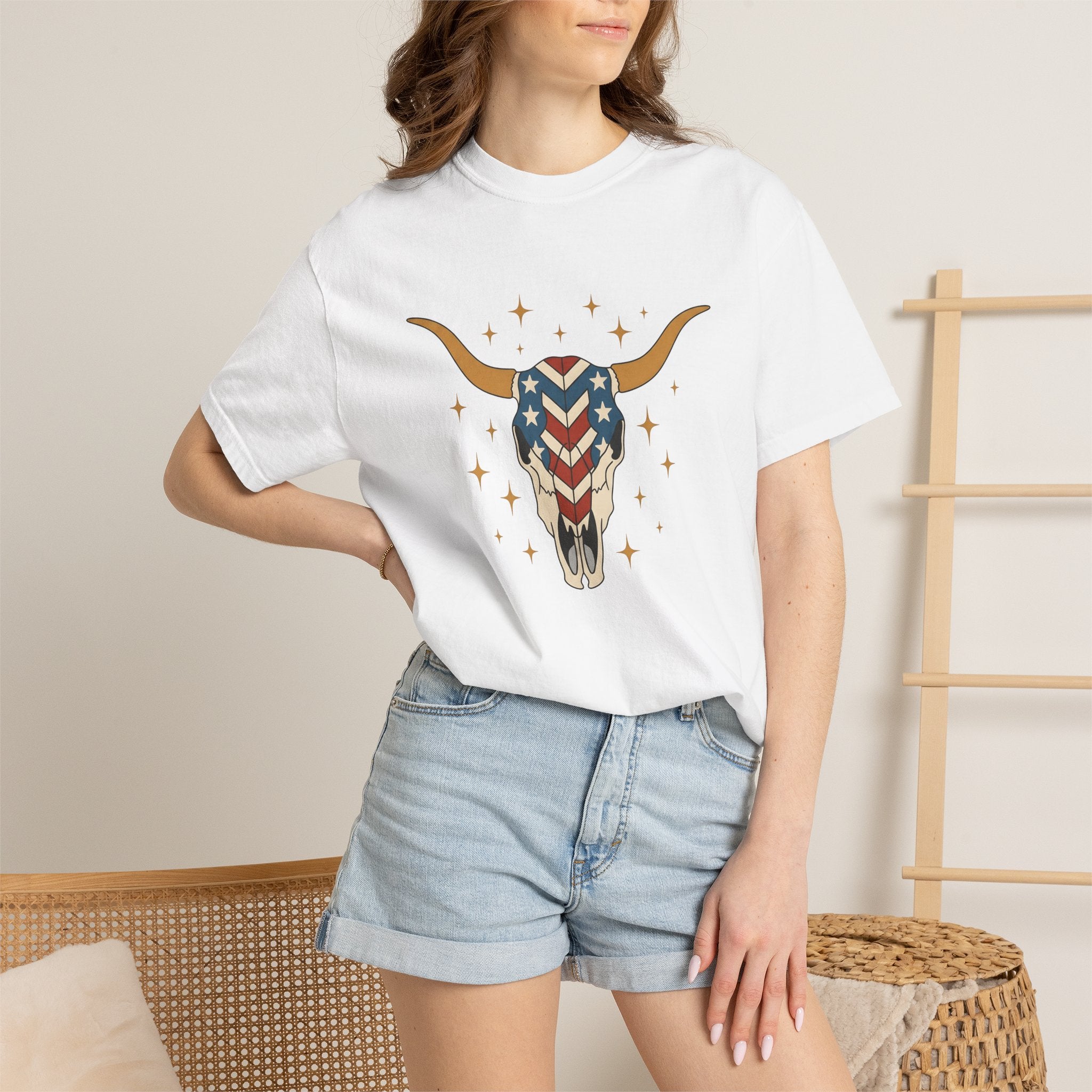 Longhorn Skull Shirt 4th Of July American Gift Women Tribal Tee Bull Skull T-Shirt Patriotic Fan Native Tshirt American Graphic Country