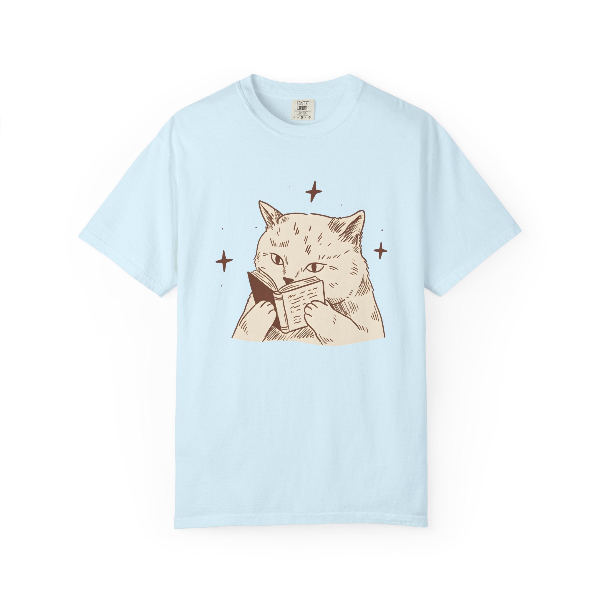 Cat Reading Shirt Cat Bookworm Gift Women Hand Drawn Tee Kitty T-Shirt Feline Fan Illustrated Graphic Vintage Stars Tshirt