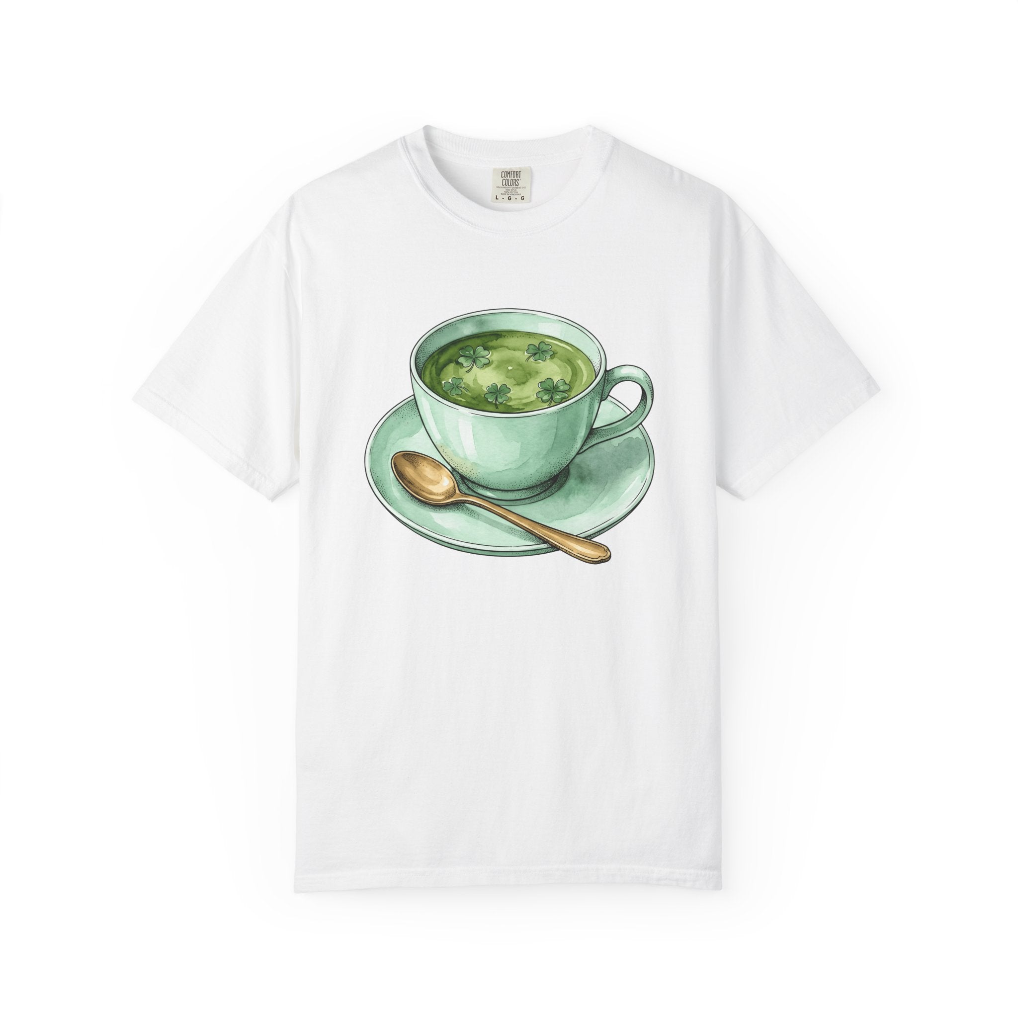 Lucky Leaf Cup Shirt St Patrick's Day Infusion Gift Women Painted Tee Tea Cup T-Shirt Shamrock Fan Hand Painted Tshirt Herbal Graphic Sketch