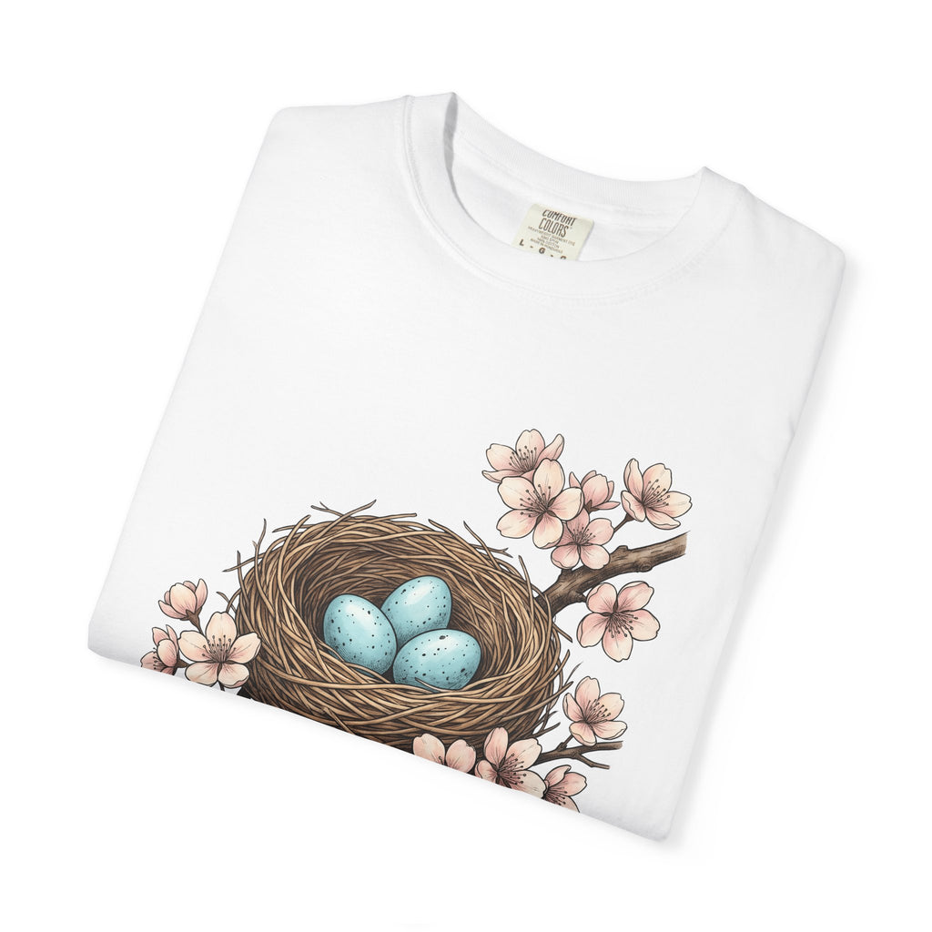 Bird Nest Shirt Easter Spring Gift Women Botanical Tee Nest T-Shirt Easter Fan Botanical Illustration Spring Graphic Vintage Cherry Blossoms