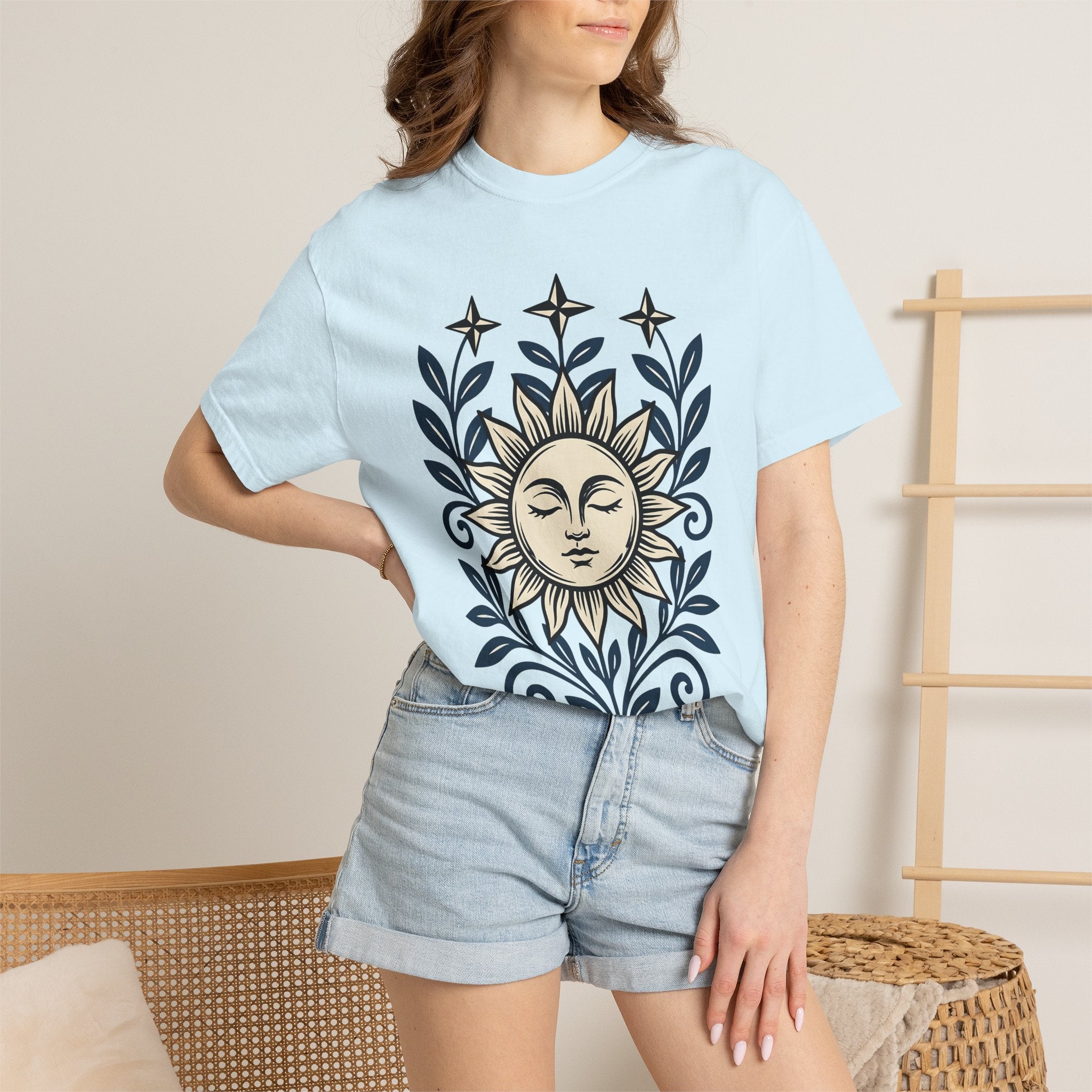 Sun Face Shirt Boho Chic Stars Gift Women Folk Tee Sun T-Shirt Bohemian Fan Tribal Tshirt Celestial Graphic Rustic Blossom Tshirt