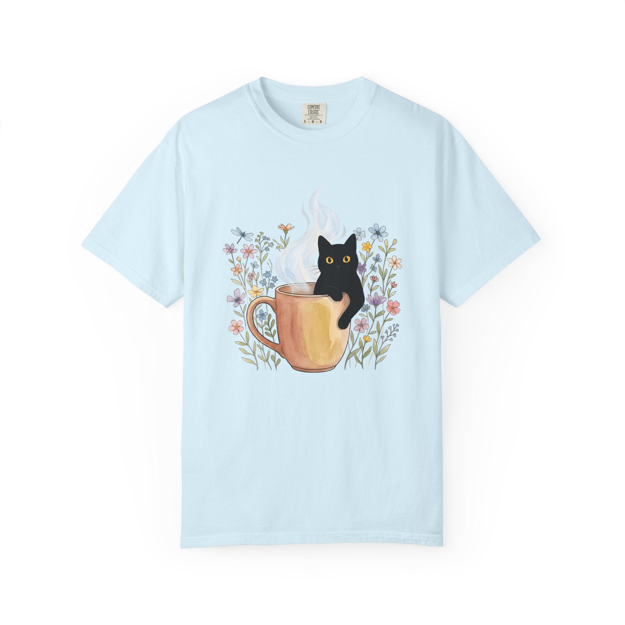 Black Cat Cup Shirt Cat Espresso Gift Women Hand Painted Tee Cat Mug T-Shirt Cat Fan Feline Tshirt Coffee Graphic Playful Garden Flowers
