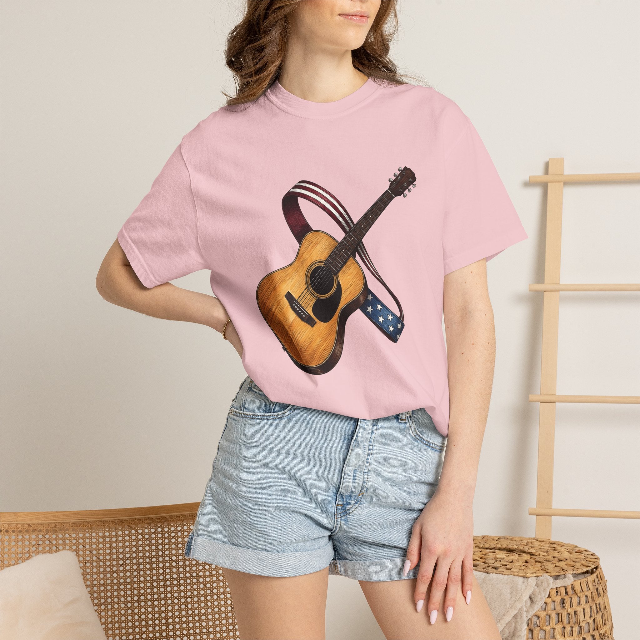 Unplugged Guitar Shirt America Instruments Gift Women Sketch Tee Acoustic Guitar T-Shirt Patriot Fan Vintage Drawing Guitar Illustration