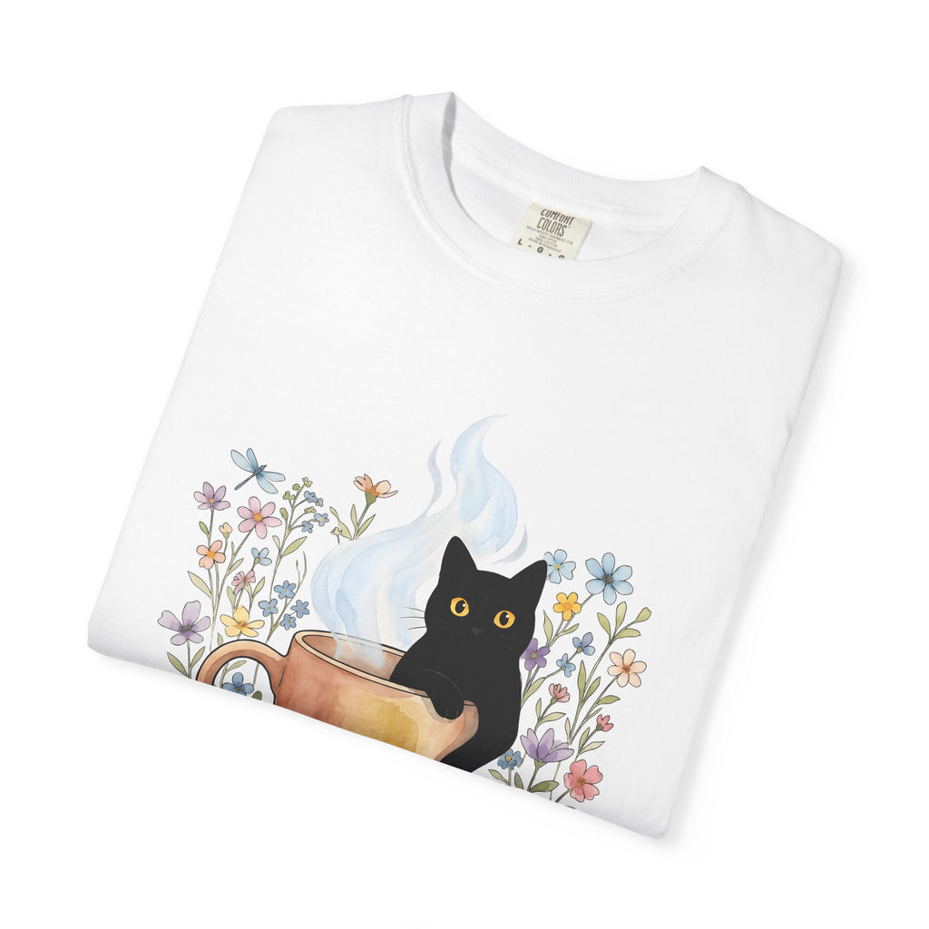 Black Cat Cup Shirt Cat Espresso Gift Women Hand Painted Tee Cat Mug T-Shirt Cat Fan Feline Tshirt Coffee Graphic Playful Garden Flowers