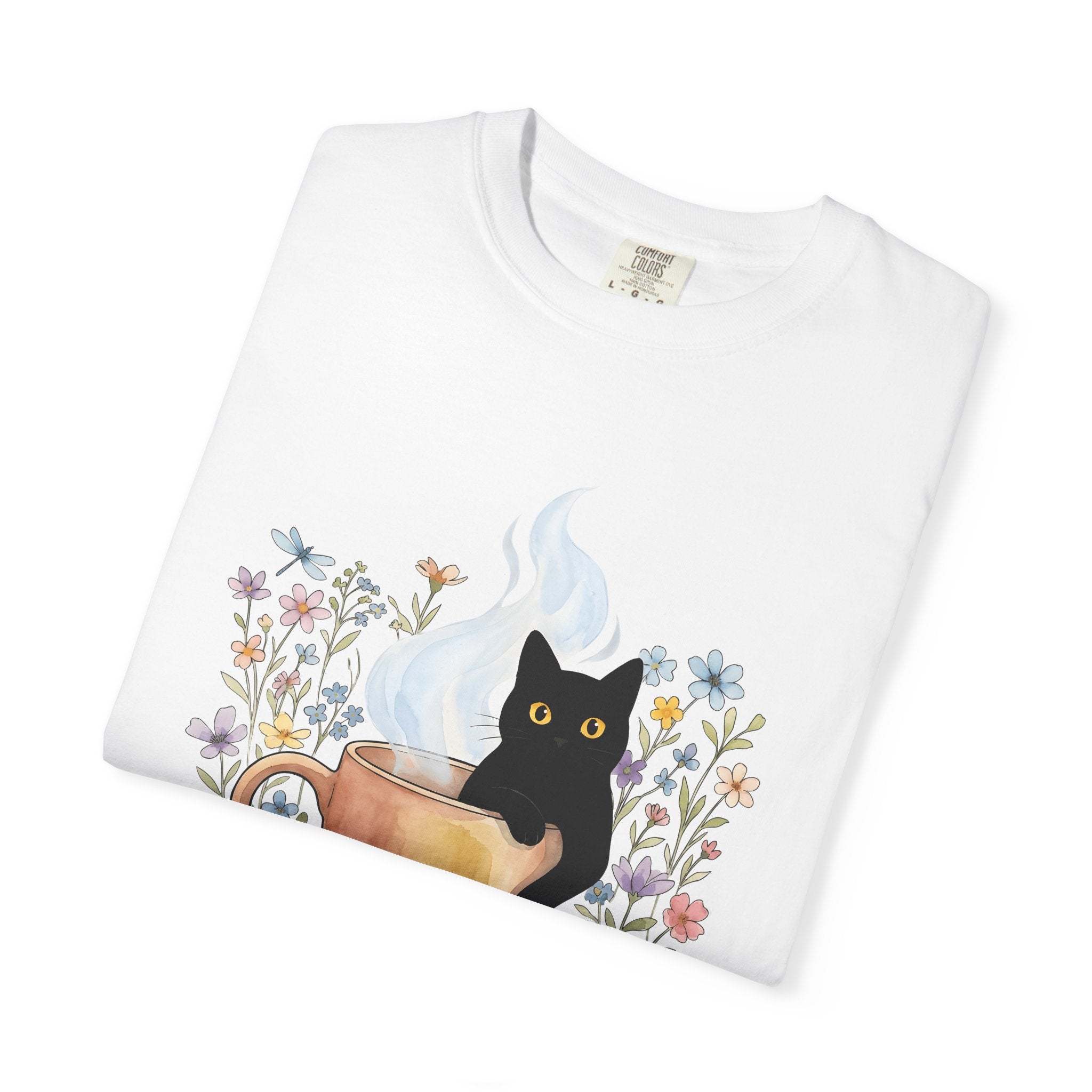 Black Cat Cup Shirt Cat Espresso Gift Women Hand Painted Tee Cat Mug T-Shirt Cat Fan Feline Tshirt Coffee Graphic Playful Garden Flowers