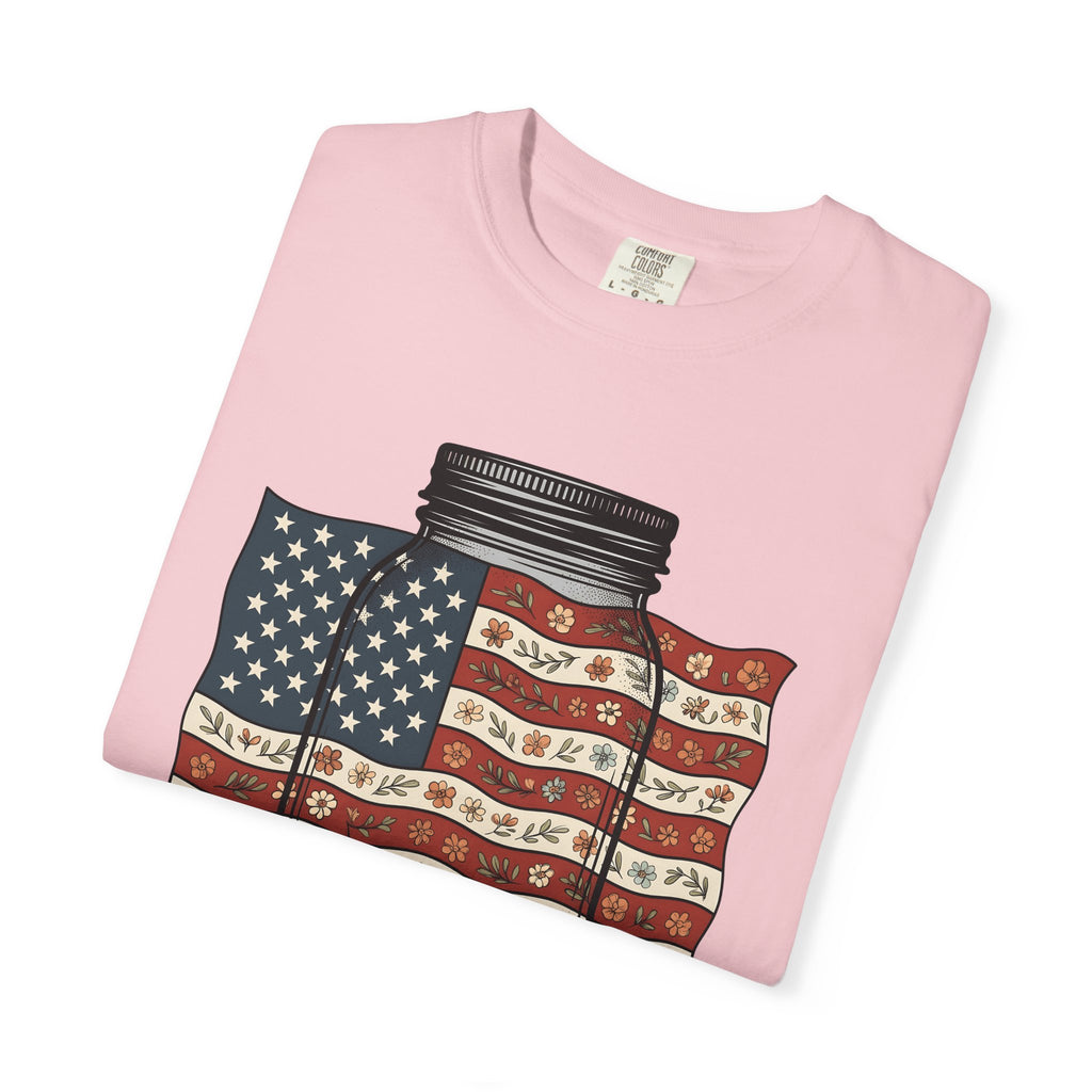 Mason Jar Flag Shirt 4th Of July Americana Gift Women Old School Tee Mason Jar T-Shirt Patriot Fan Vintage Tshirt Patriotic Graphic Outline