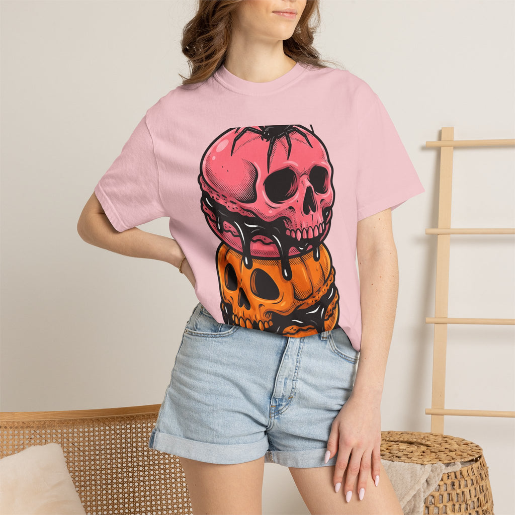 Skull Macarons Shirt Desserts Halloween Gift Women Bold Graphic Tee Macaron T-Shirt Pastry Fan Graphic Tshirt Spooky Graphic Retro Spider