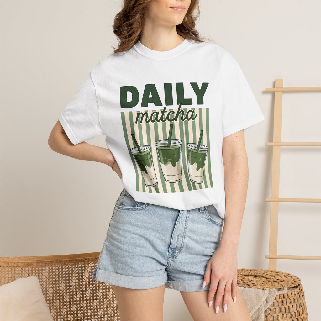 Matcha Drink Cups Shirt Drinks Foodie Gift Women Cartoon Tee Green Tea T-Shirt Beverage Fan Toon Tshirt Food Graphic Retro Striped