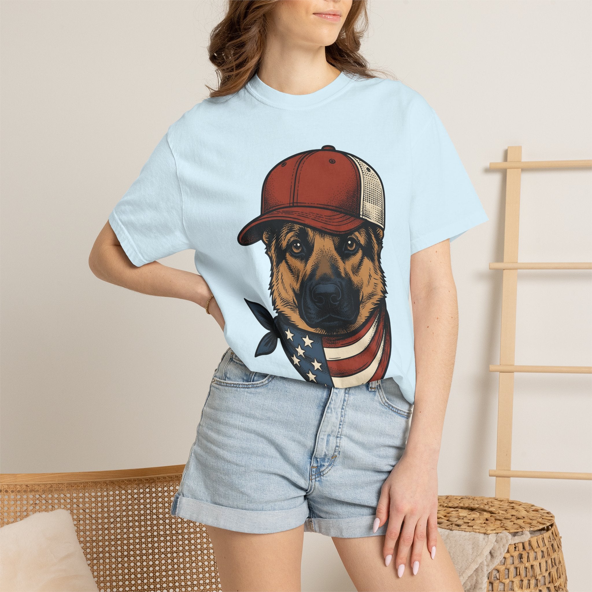 German Shepherd Dog Shirt America Patriotic Gift Women Vintage Tee Alsatian T-Shirt American Fan Distressed Tshirt Star Spangled Graphic