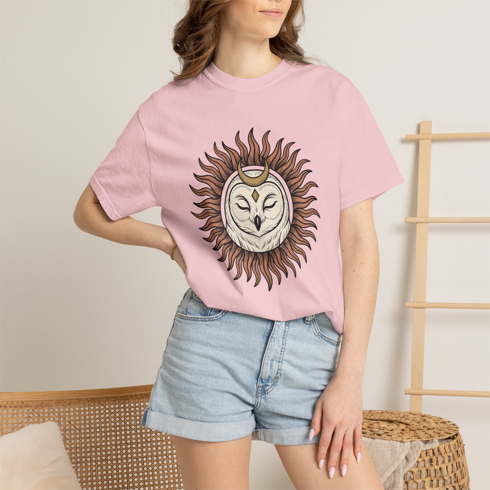 Owl Sun Shirt Boho Chic Magic Gift Women Tribal Tee Hoot T-Shirt Hippie Fan Ethnic Tshirt Mystical Graphic Sketch Crescent Moon Tshirt