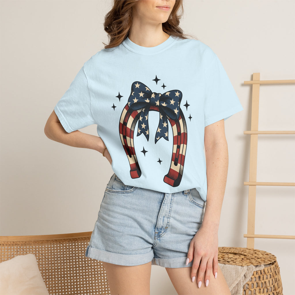 Patriotic Horseshoe Shirt 4th Of July Western Gift Women Vintage Tee Horseshoe T-Shirt Independence Day Fan Distressed Tshirt Cowboy Graphic