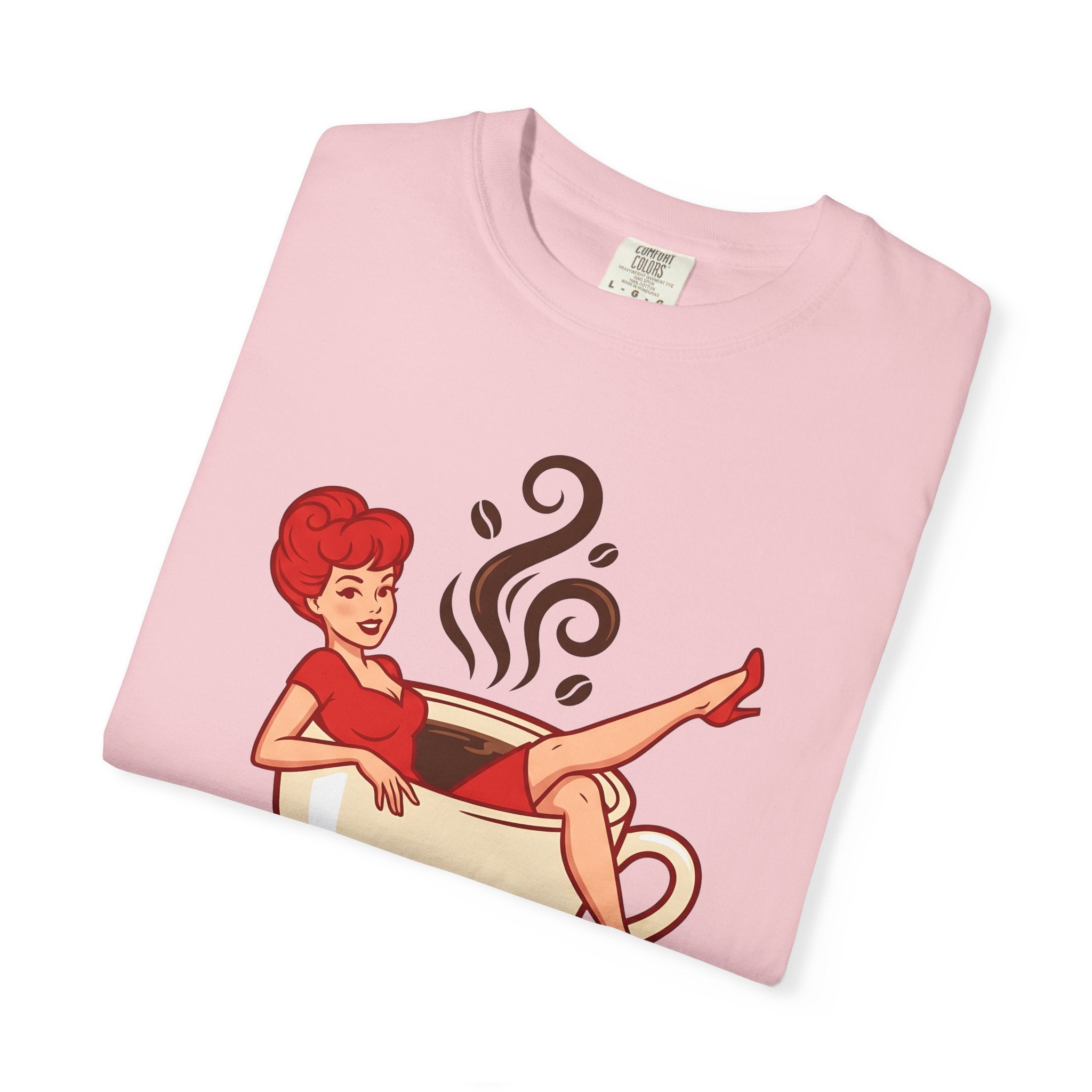 Pinup Coffee Mug Shirt Coffee Fun Gift Women Hand Drawn Tee Coffee Cup T-Shirt Coffee Fan Illustrated Tshirt Humor Graphic Line Art Steam
