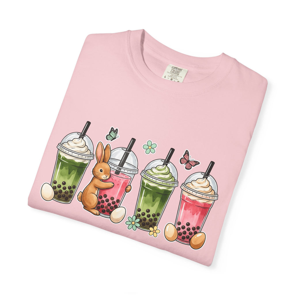 Bunny Boba Tea Shirt Easter Animal Gift Women Cute Tee Bubble Tea T-Shirt Easter Fan Cartoon Tshirt Creature Graphic Hand Drawn Easter Eggs