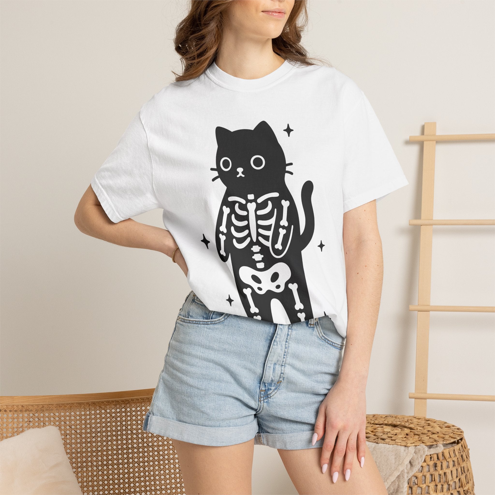 Kitty Bones Shirt Cat Fall Gift Women Playful Tee Cat Bones T-Shirt Cat Fan Feline Tshirt Autumn Graphic Basic Glimmers Tshirt