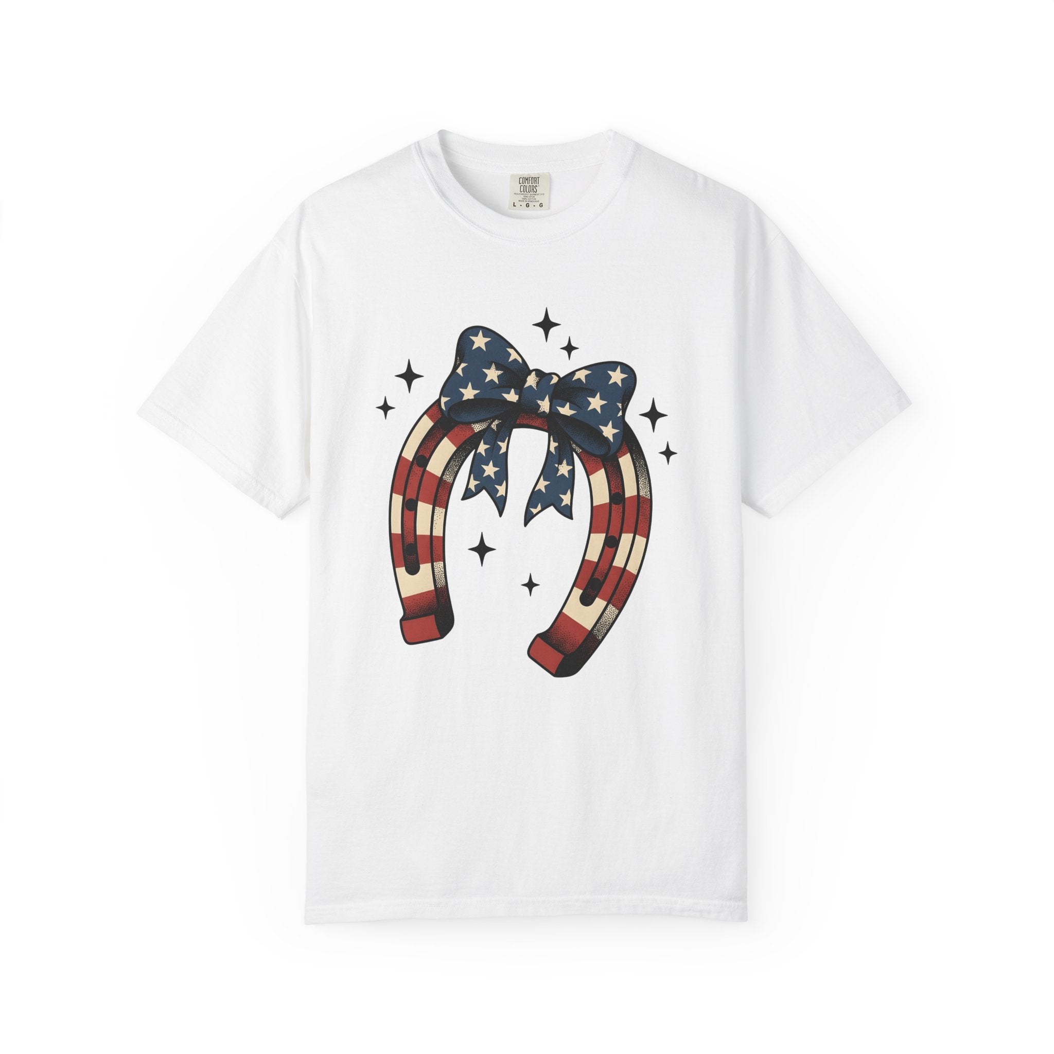 Patriotic Horseshoe Shirt 4th Of July Western Gift Women Vintage Tee Horseshoe T-Shirt Independence Day Fan Distressed Tshirt Cowboy Graphic
