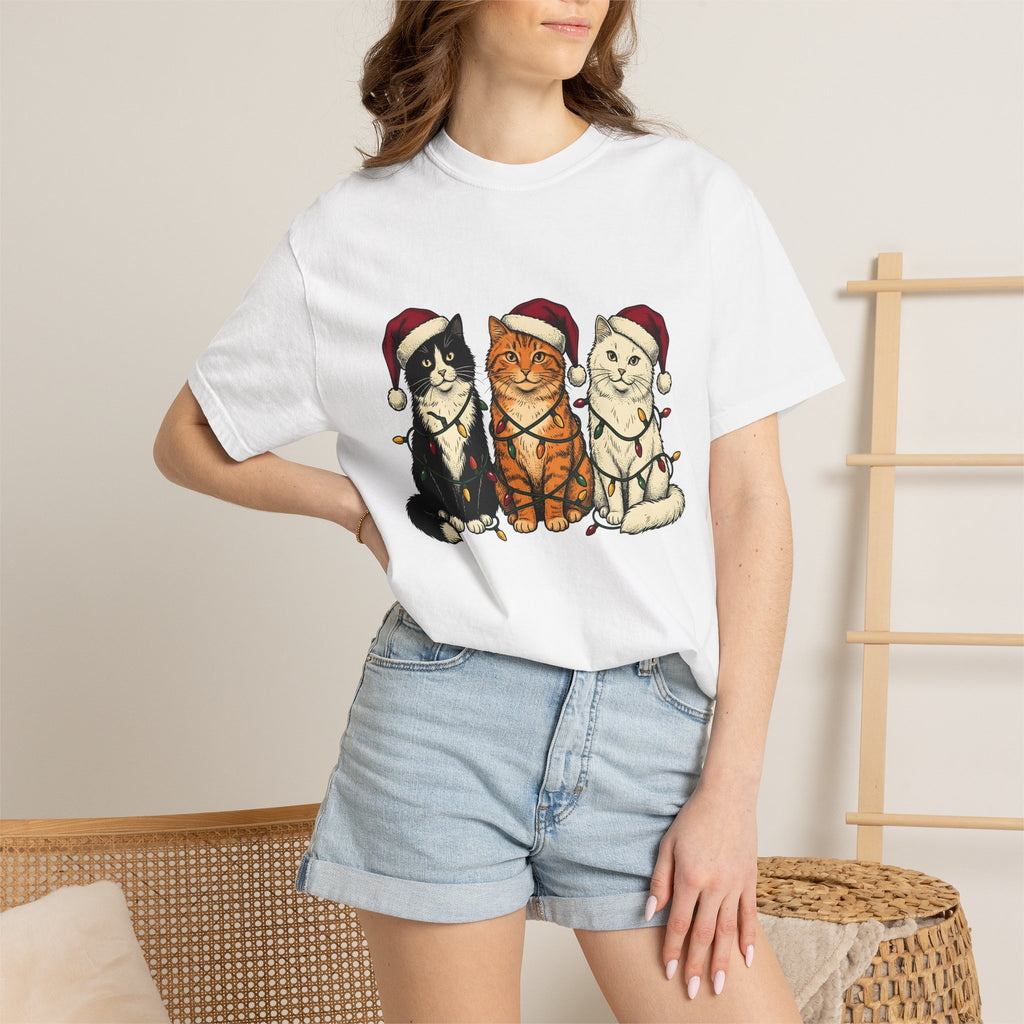 Cat Group Shirt Christmas Animals Gift Women Sketch Tee Kittens T-Shirt Xmas Fan Feline Tshirt Creature Graphic Retro Holiday Lights Tshirt