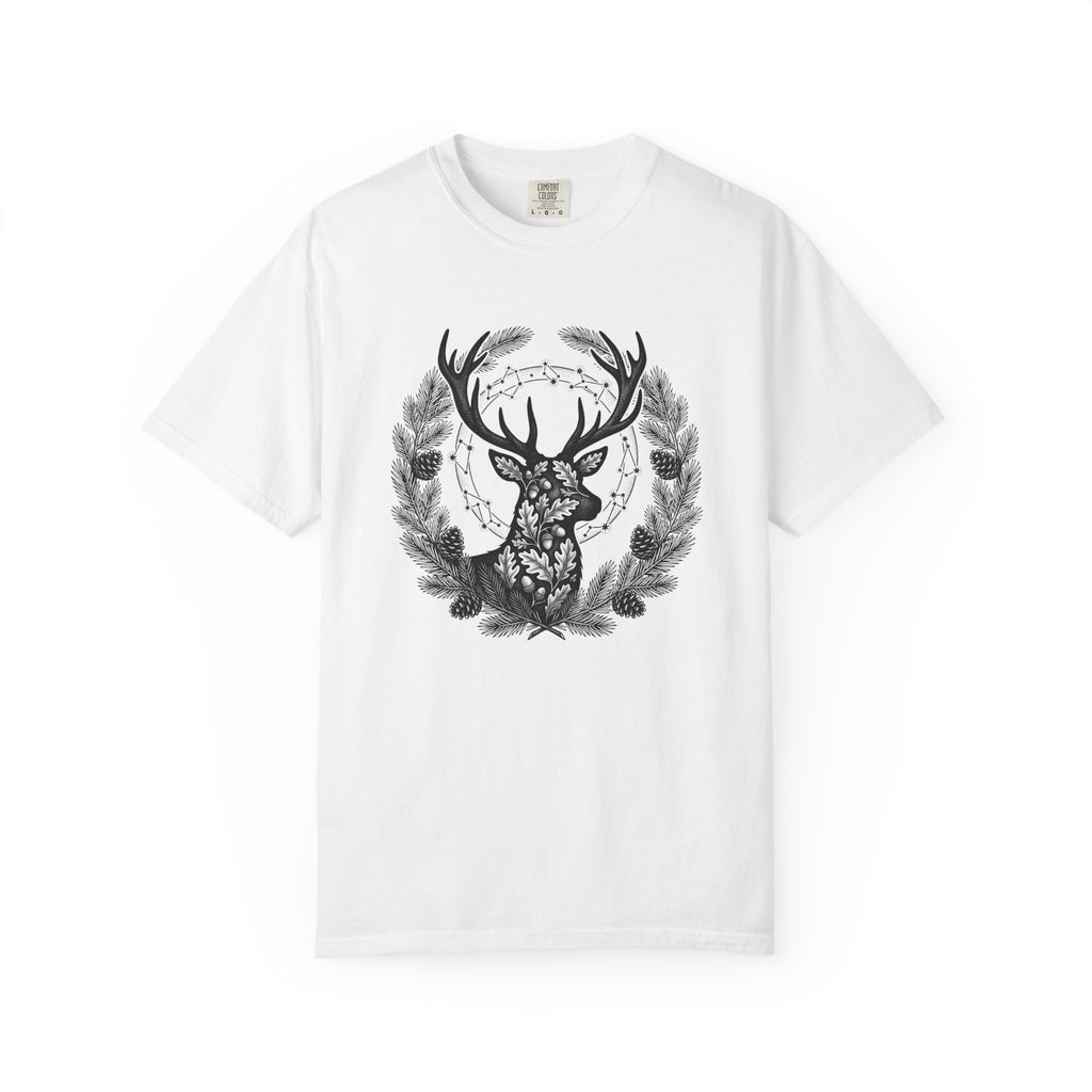 Buck Silhouette Shirt Boho Chic Plants Gift Women Leaf Tee Deer T-Shirt Bohemian Fan Botanical Tshirt Floral Graphic Sketch Cone Cluster