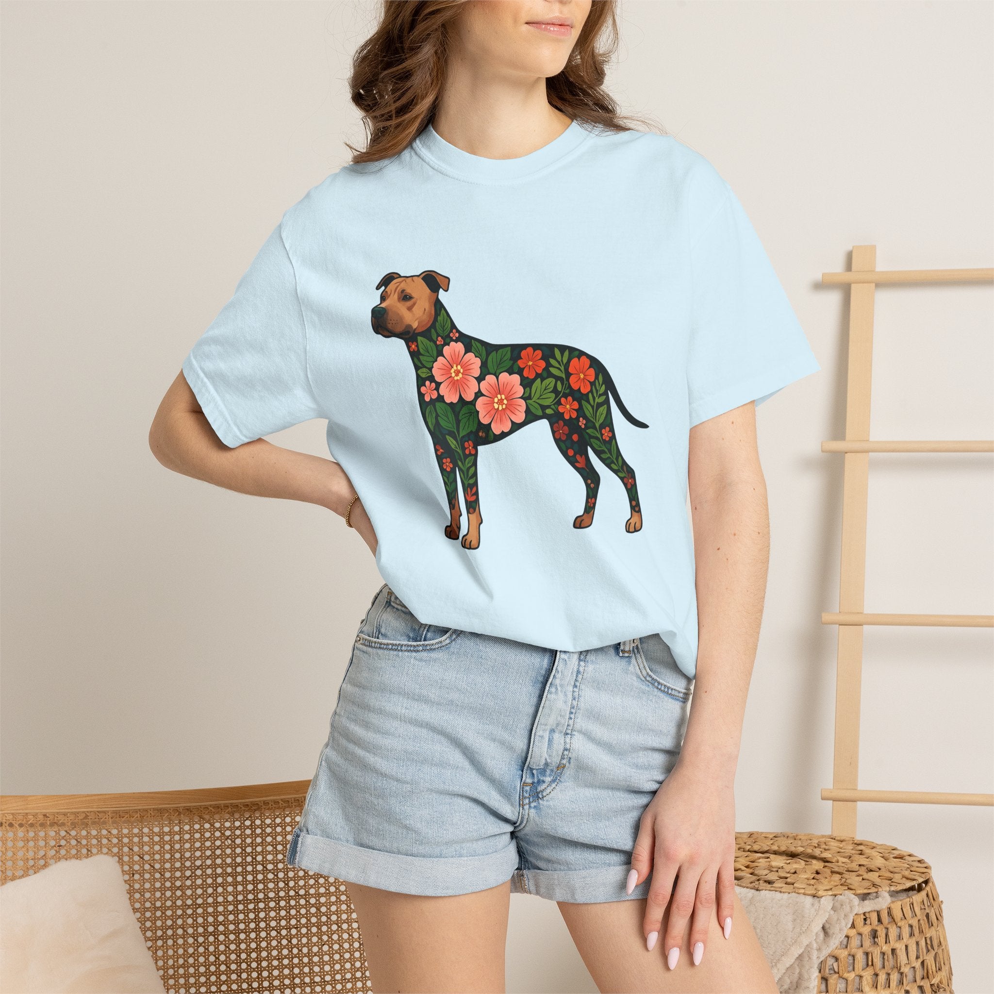 Pitbull Dog Shirt Dog Flora Gift Women Botanical Tee Pibble T-Shirt Dog Fan Herbaceous Graphic Tshirt Ethnic Floral Print Tshirt