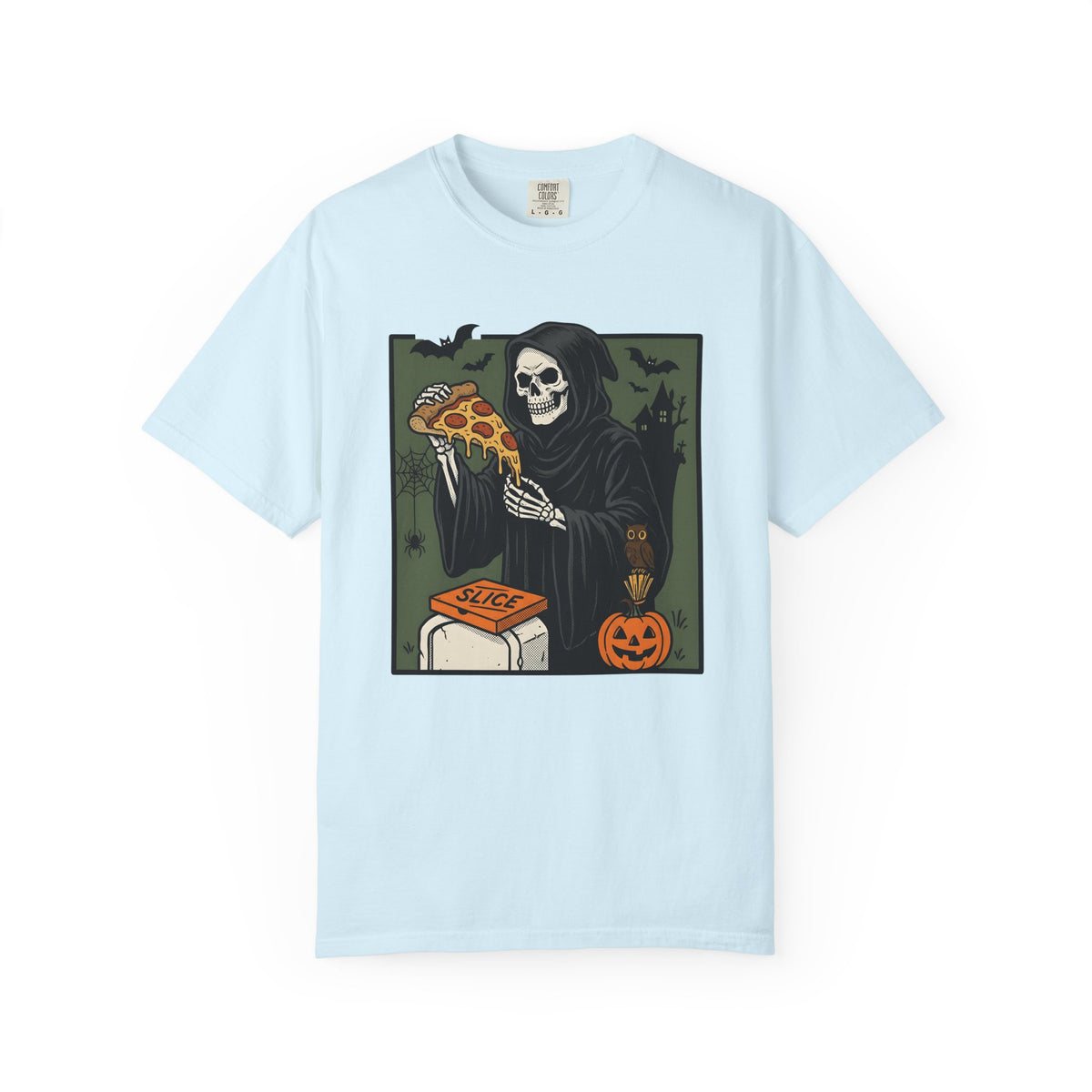 Death Skeleton Pizza Shirt Halloween Macabre Unisex Gift Classic Tee Skeleton
