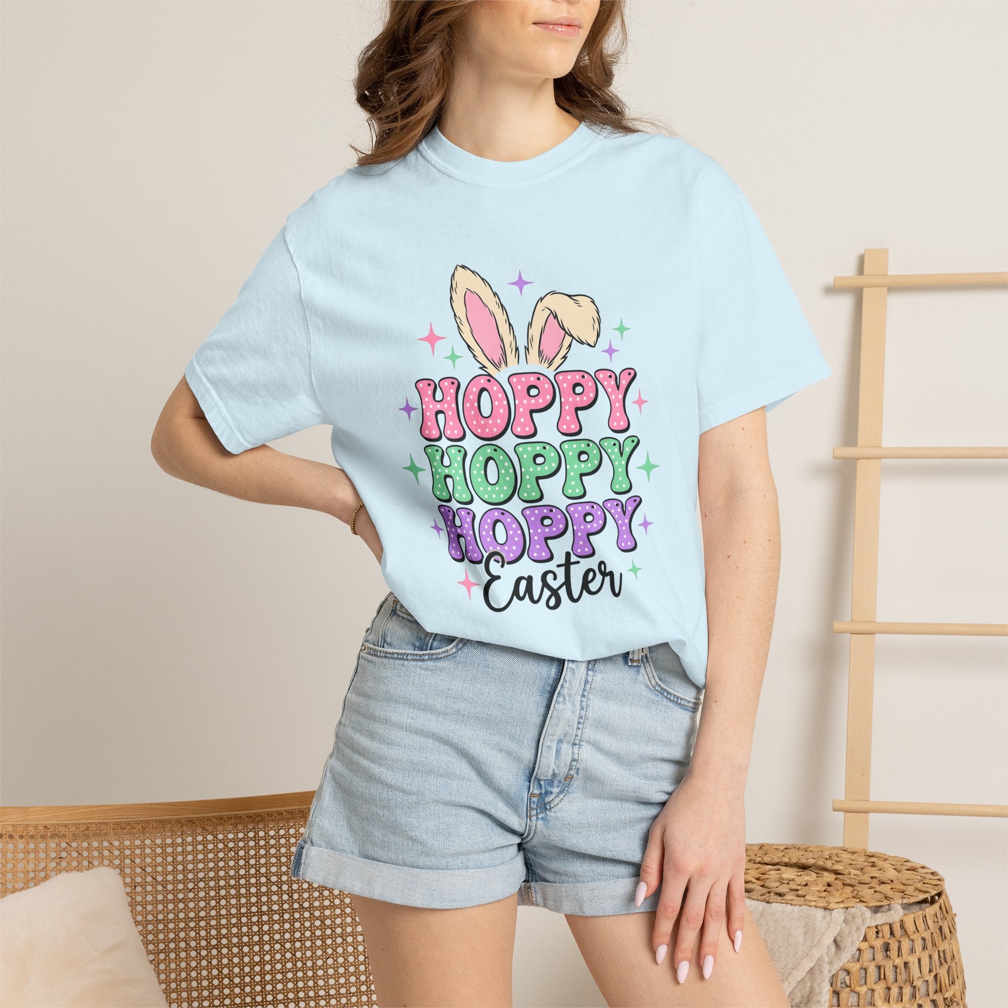 Bunny Ears Shirt Easter Animal Gift Women Pastel Tee Rabbit Ears T-Shirt Easter Fan Soft Tshirt Creature Graphic Playful Stars Tshirt