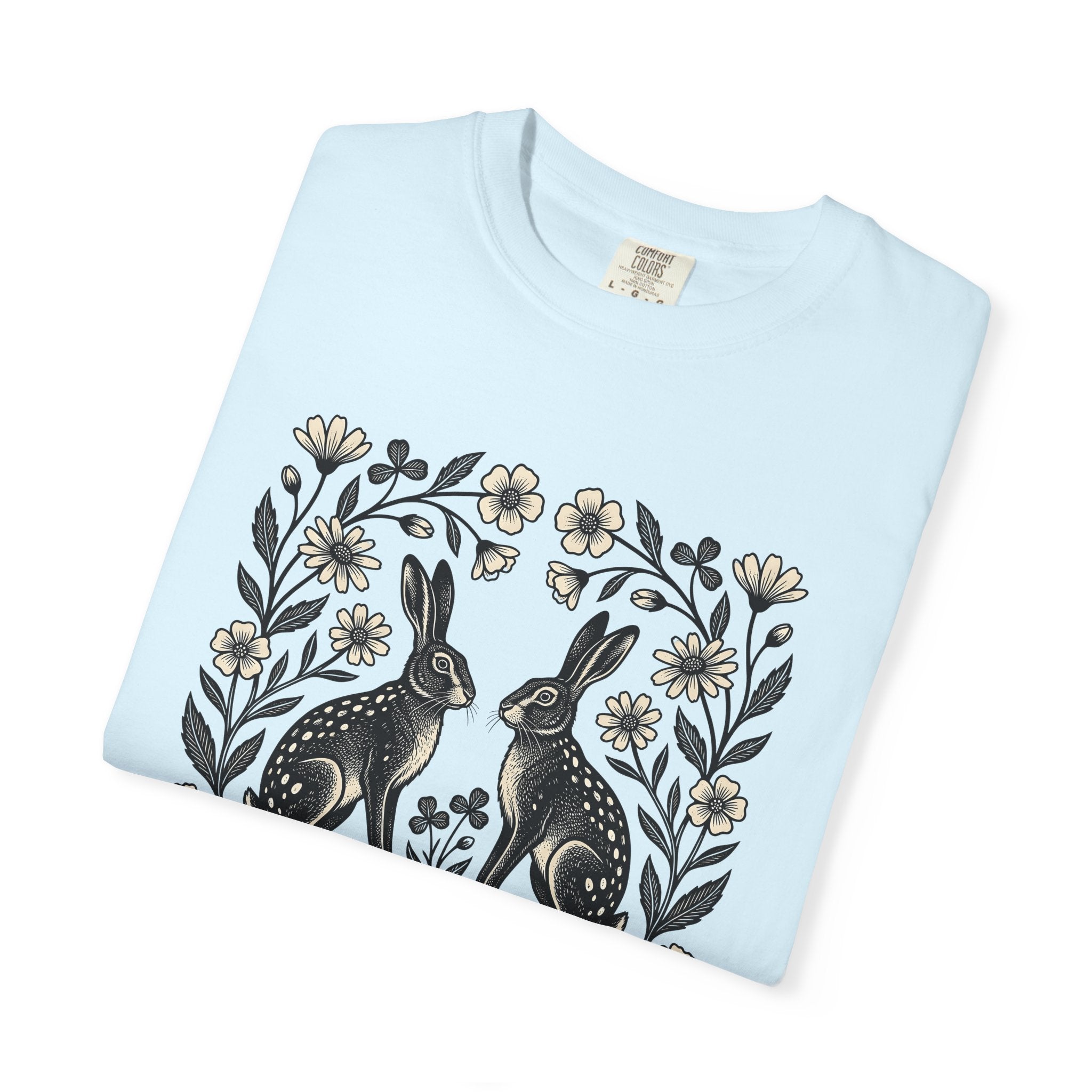 Bunny Bloom Shirt Animals & Flowers Plants Gift Women Sketch Tee Rabbit T-Shirt Floral Fan Drawing Design Primitive Field Flower Tshirt