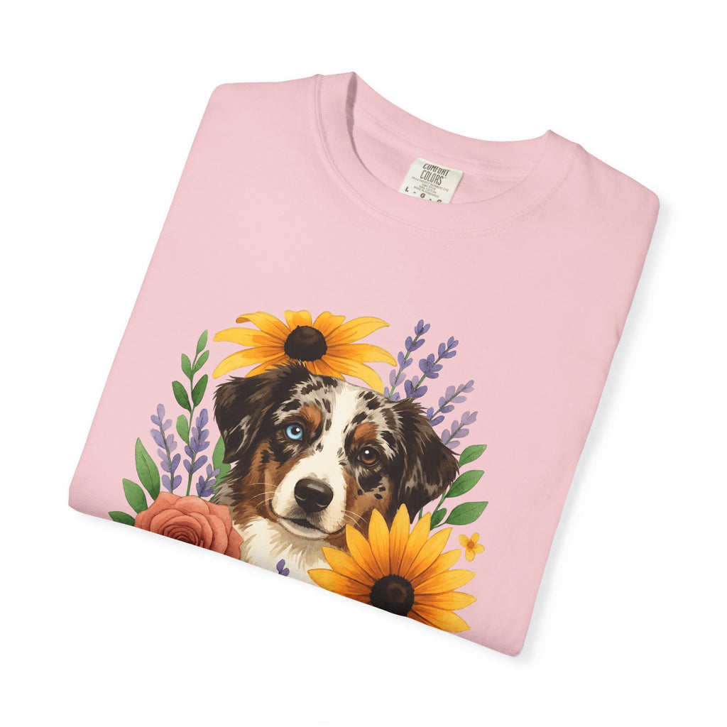 Aussie Breed Shirt Dog Bouquet Gift Women Painterly Tee Australian Dog T-Shirt Dog Fan Watercolor Tshirt Floral Graphic Folk Petals Tshirt