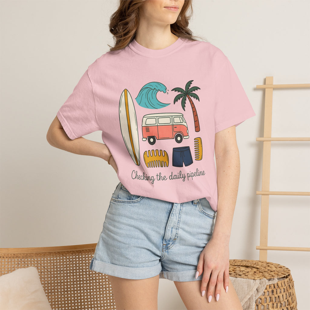 Beach Van Surfboard Shirt Surfing Ocean Gift Women Line Art Tee Camper Van T-Shirt Surfer Enthusiast Illustration Tshirt Sea Graphic Classic
