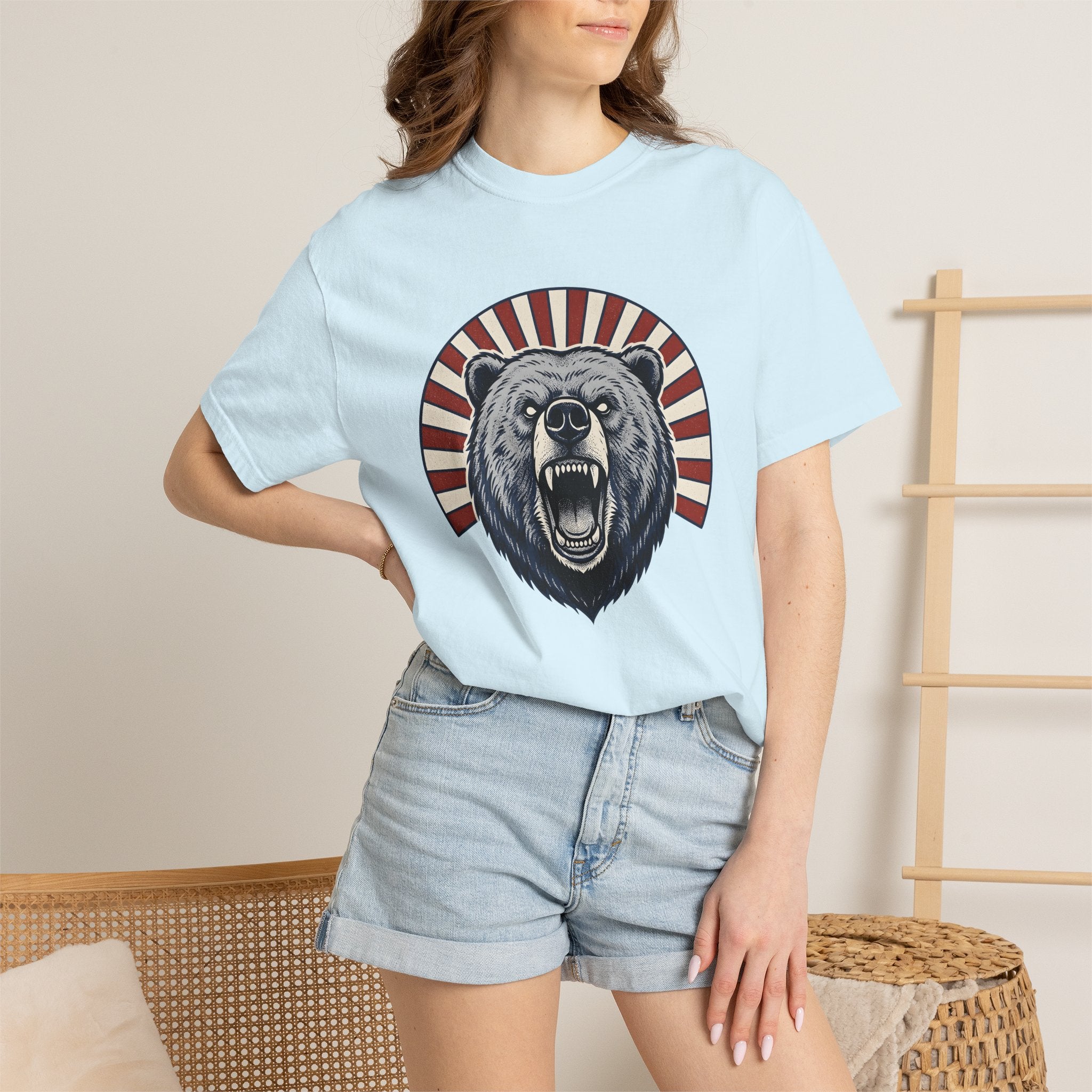 Bear Head Shirt America Patriotic Gift Women Bold Graphic Tee Bear T-Shirt American Fan Graphic Tshirt Star Graphic Vintage Sunburst Tshirt