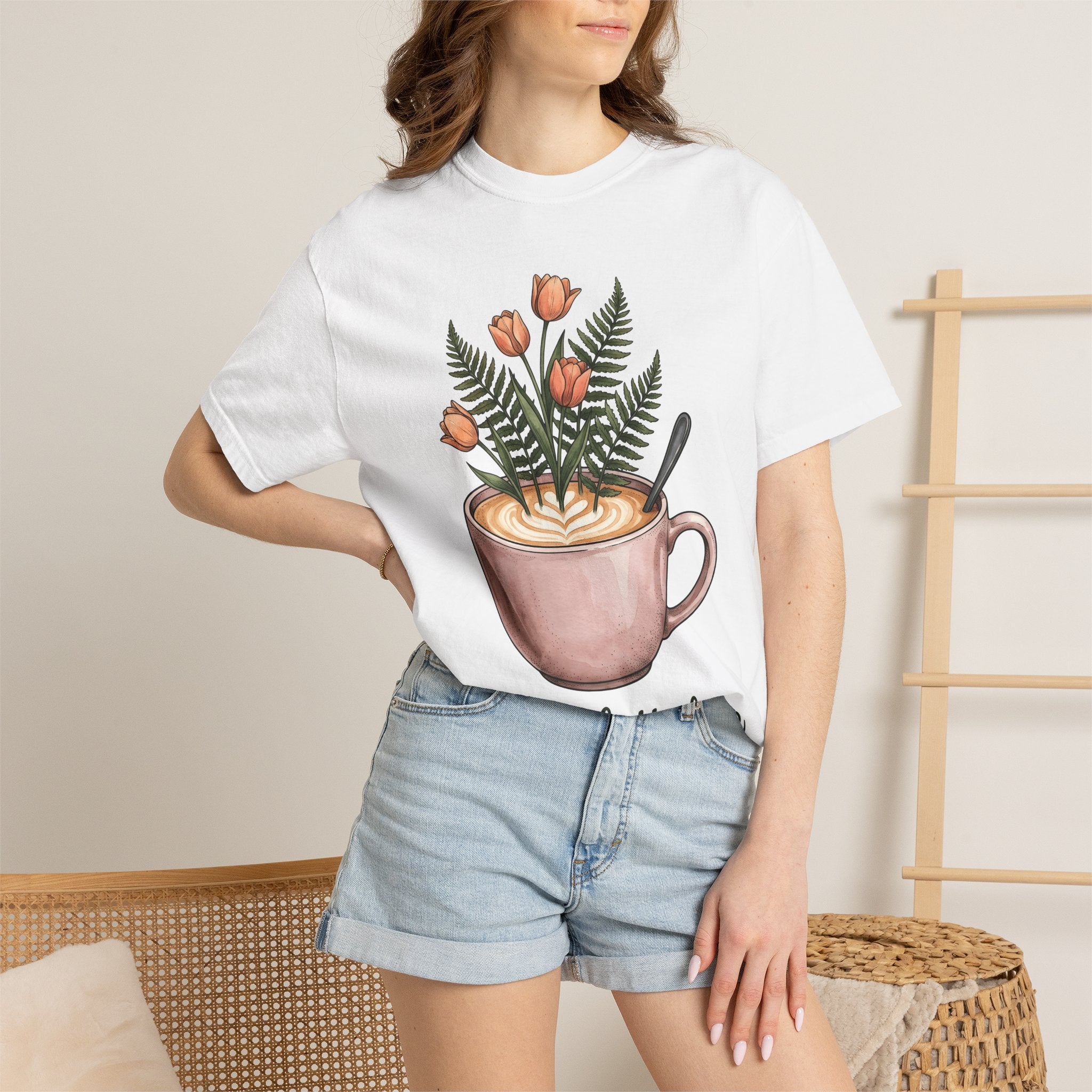 Latte Cup Shirt Coffee Buds Gift Women Line Art Tee Coffee Mug T-Shirt Coffee Fan Minimalist Tshirt Floral Graphic Cartoon Daisies Tshirt