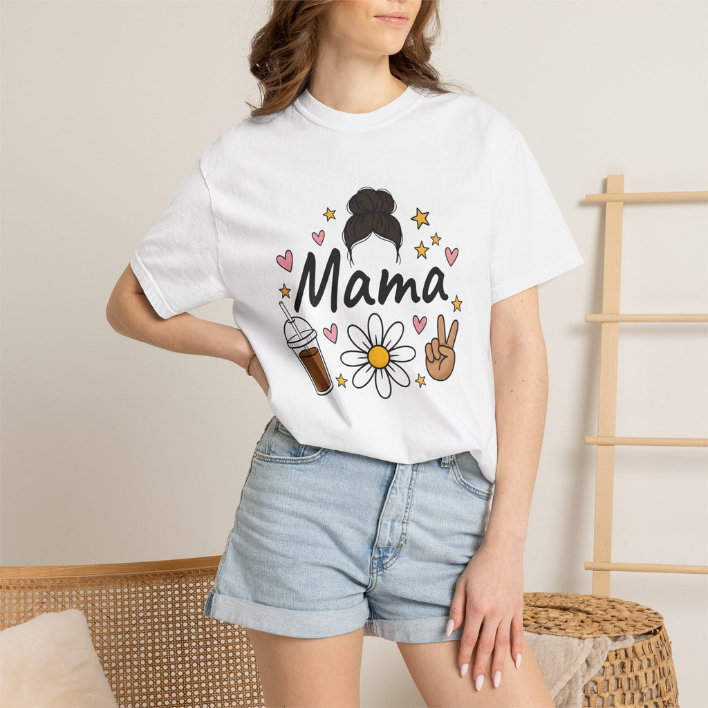 Mom Bun Shirt Mom Coffee Gift Women Doodle Tee Top Knot T-Shirt Motherhood Fan Hand Drawn Tshirt Caffeine Graphic Retro Daisy Tshirt