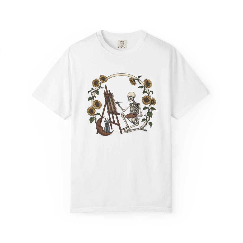 Skeleton Artist Shirt Boho Chic Gothic Gift Women Vintage Tee Skull T-Shirt Bohemian Enthusiast Retro Tshirt Dark Graphic Hand Drawn