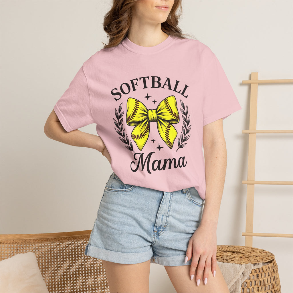 Softball Bow Ribbon Shirt Softball Mom Competition Gift Women Heavy Tee Softball T-Shirt Mom Fan Grunge Tshirt Competitive Graphic Old
