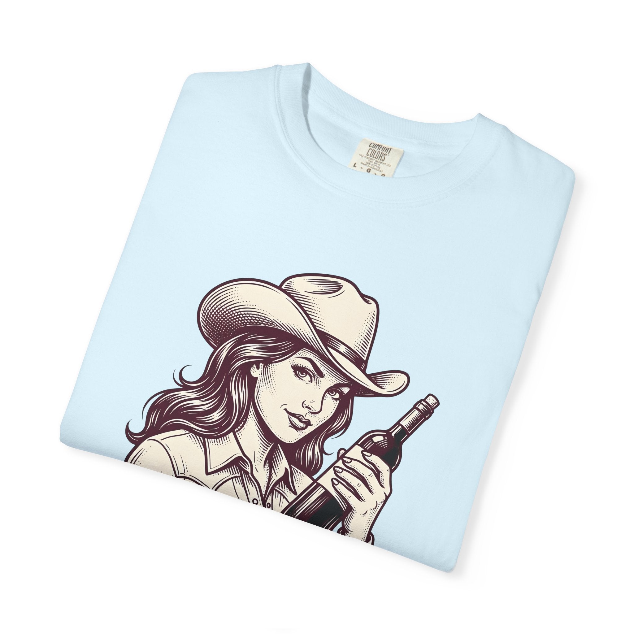 Cowgirl Wine Bottle Shirt Wine Cowboy Gift Women Sketch Tee Wine Bottle T-Shirt Wine Fan Wineglass Tshirt Rodeo Graphic Cartoon Cowboy Hat