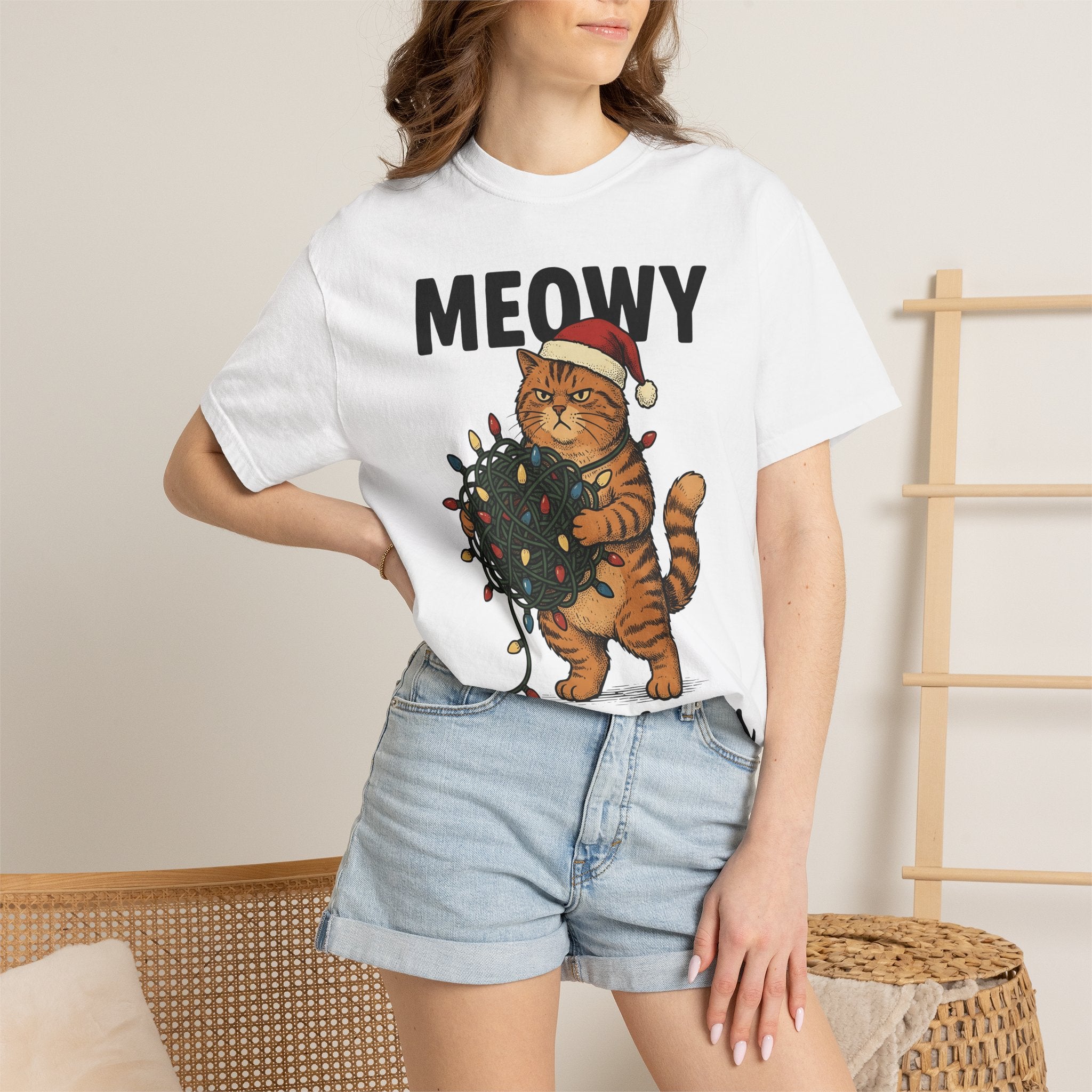 Cat Christmas Hat Shirt Christmas Critters Gift Women Line Art Tee Kitty T-Shirt Christmas Fan Feline Tshirt Animal Graphic Illustration