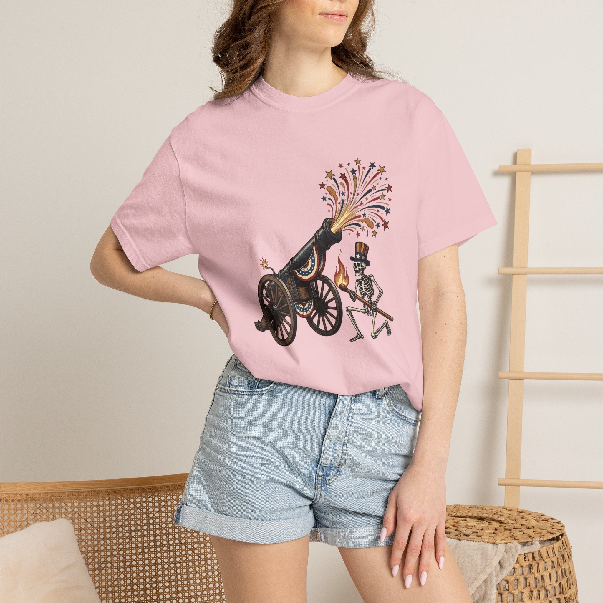 Skeleton Cannon Shirt 4th Of July Patriotic Gift Women Vintage Tee Cannon T-Shirt Independence Day Enthusiast Distressed Tshirt Star