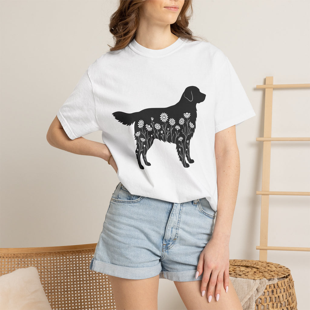 Dog Outline Shirt Dog Flower Gift Women Floral Tee Puppy T-Shirt Dog Fan Botanical Tshirt Floral Graphic Simple Meadow Blooms Tshirt