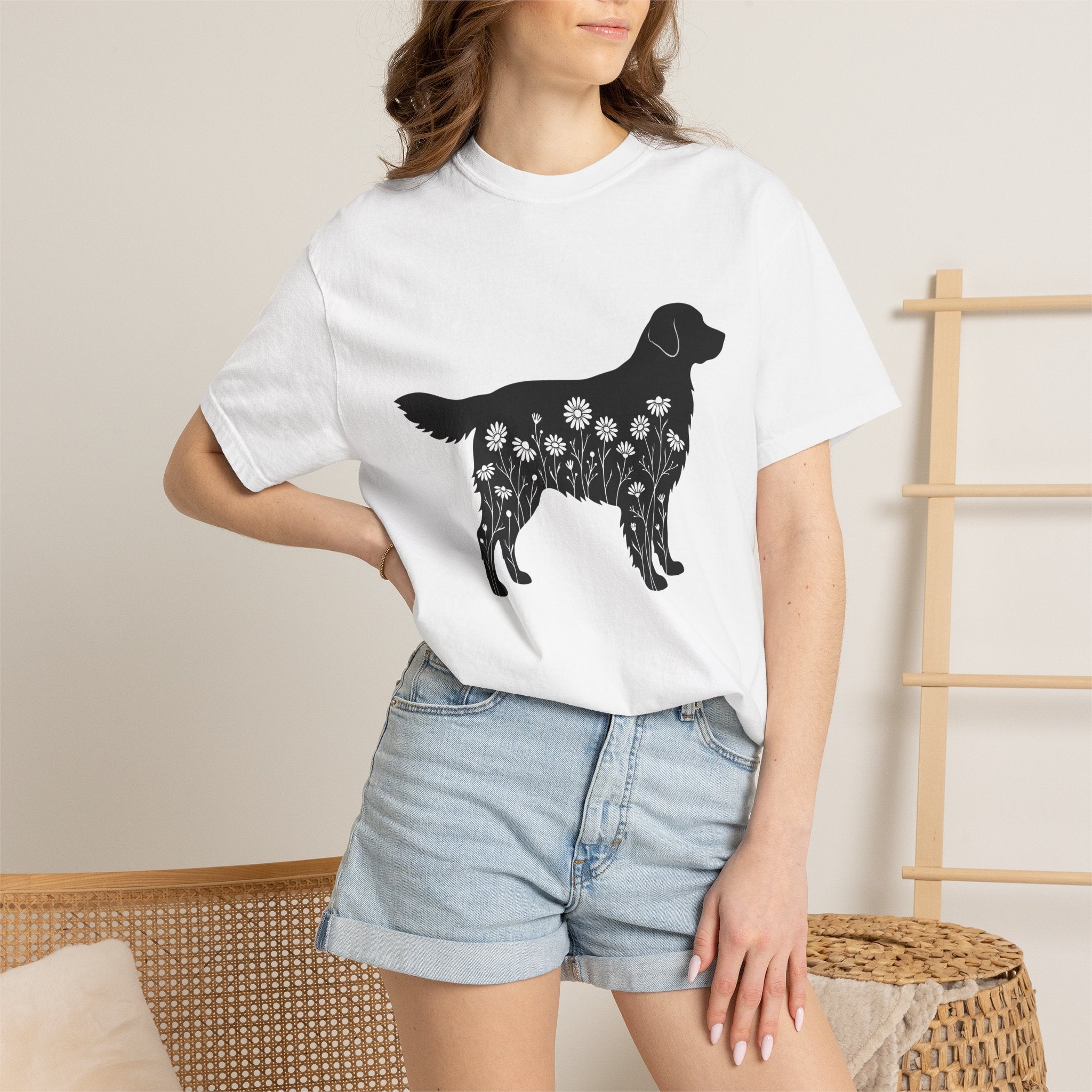 Dog Outline Shirt Dog Flower Gift Women Floral Tee Puppy T-Shirt Dog Fan Botanical Tshirt Floral Graphic Simple Meadow Blooms Tshirt